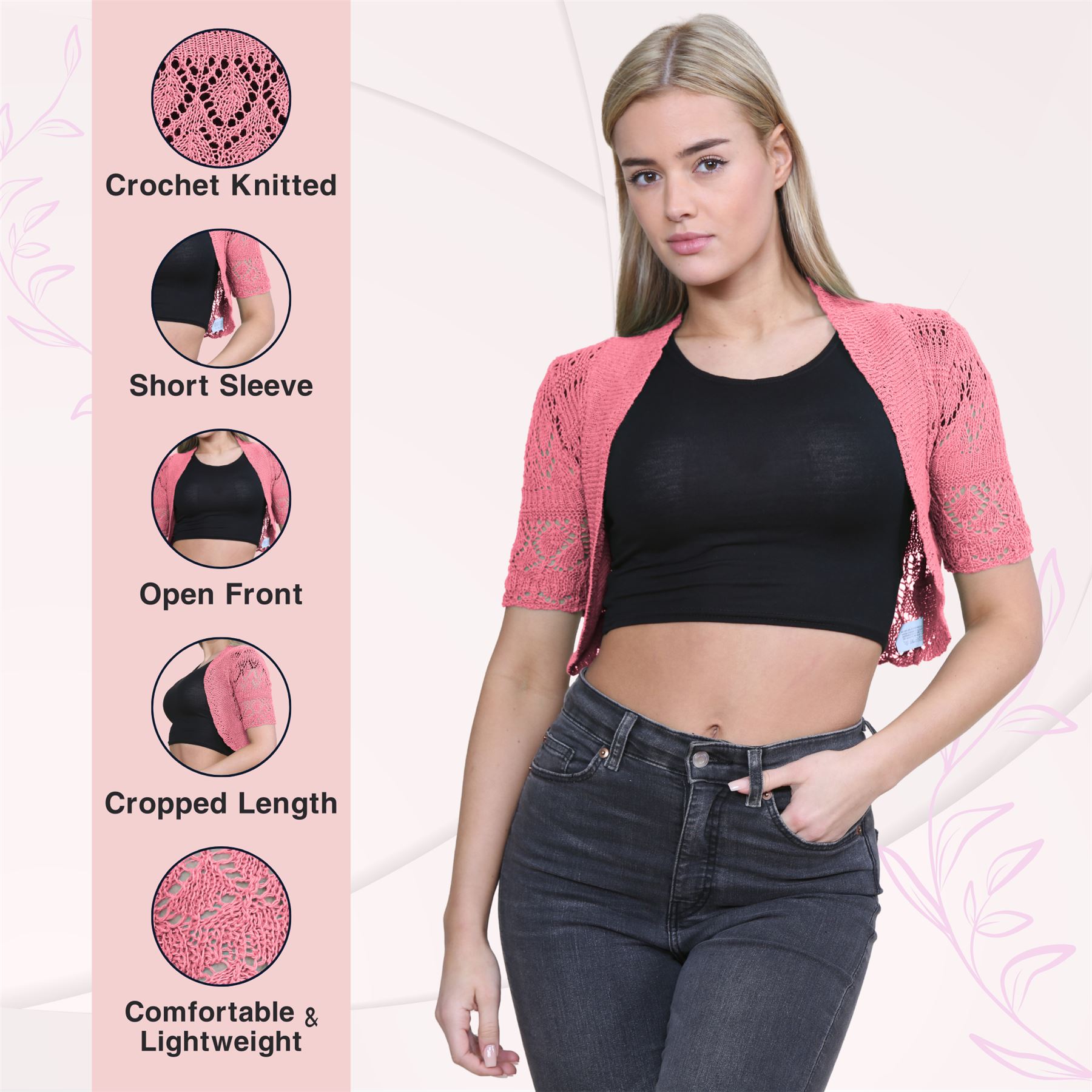 Womens Crochet Knitted Bolero Shrug Short Sleeve Open Front Cardigan Crop Top - Picture 41 of 186