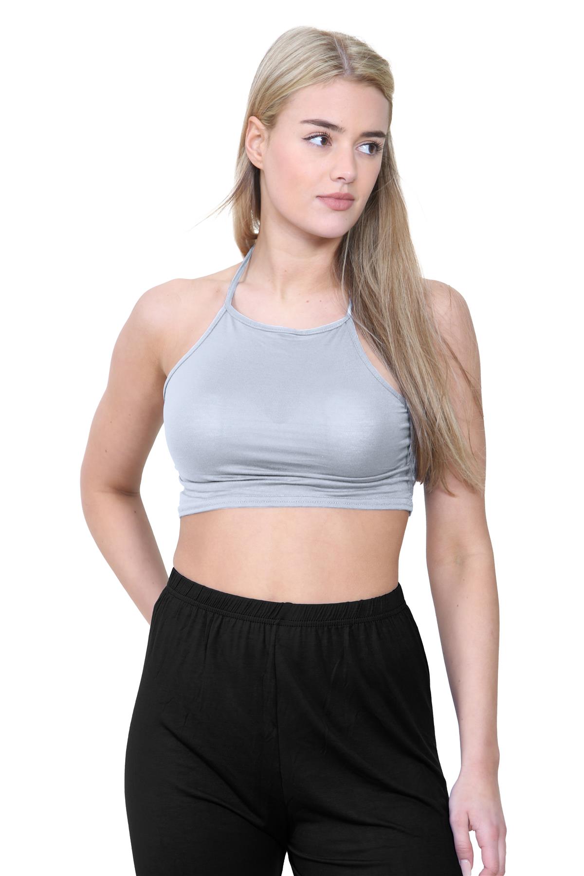 Halter Neck Crop Top Womens Vest Top Plain Tie Knot Top Basic Sleeveless T-Shirt - Picture 50 of 170