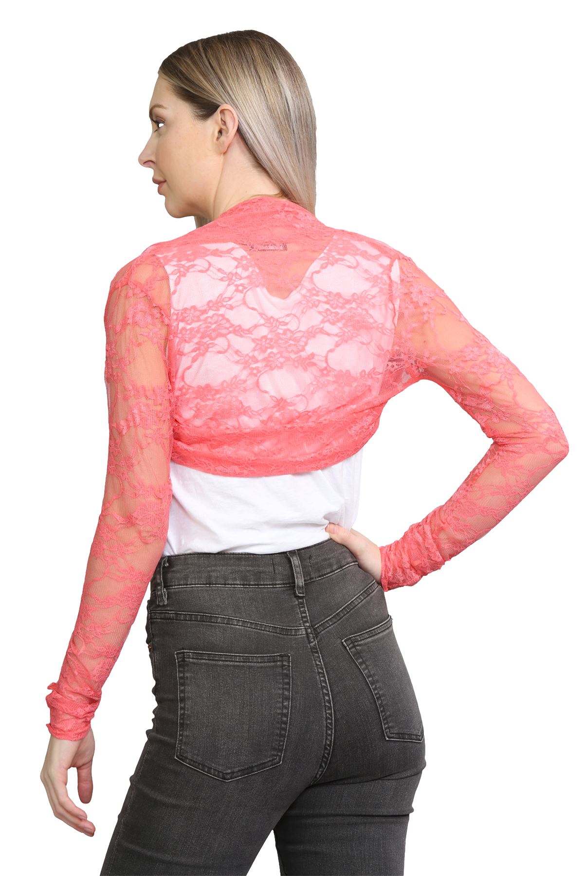 Damen Blumen Spitze Bolero Achselzucken vorne offen lange Ärmel Cropped Cardigan Top - Bild 10 von 79