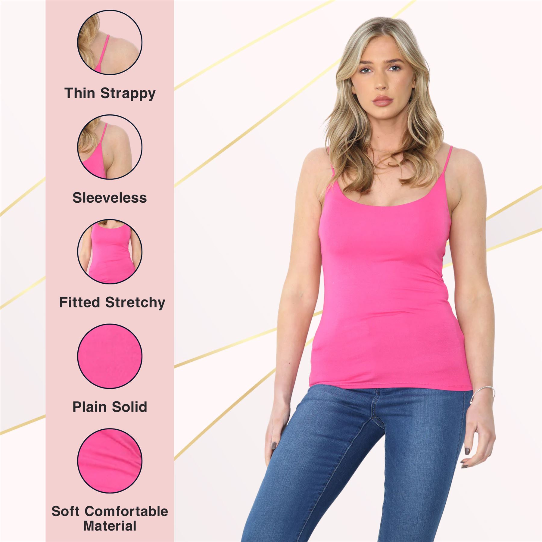 Womens Bodycon Cami Strappy Tank Top Plain Summer Activewear Vest Top, Pack of 3 - Picture 39 of 221