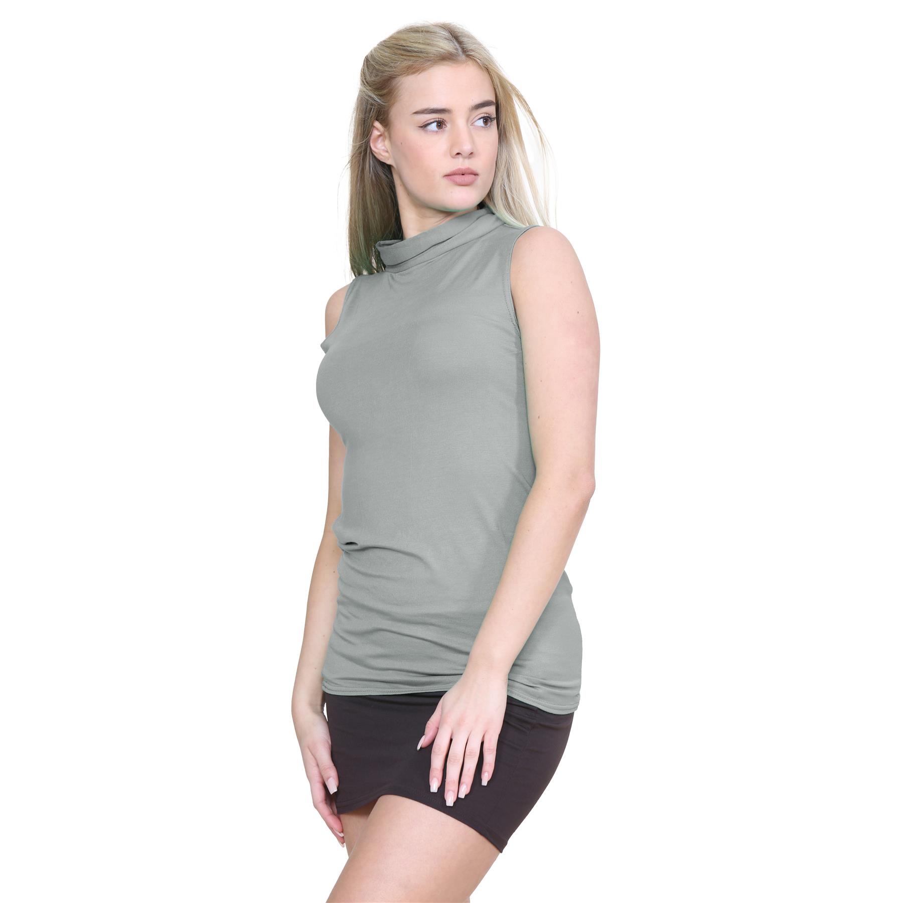 Womens Turtle Polo Neck T-Shirt Plain Stretch Sleeveless Bodycon Vest Tee Top - Picture 12 of 25