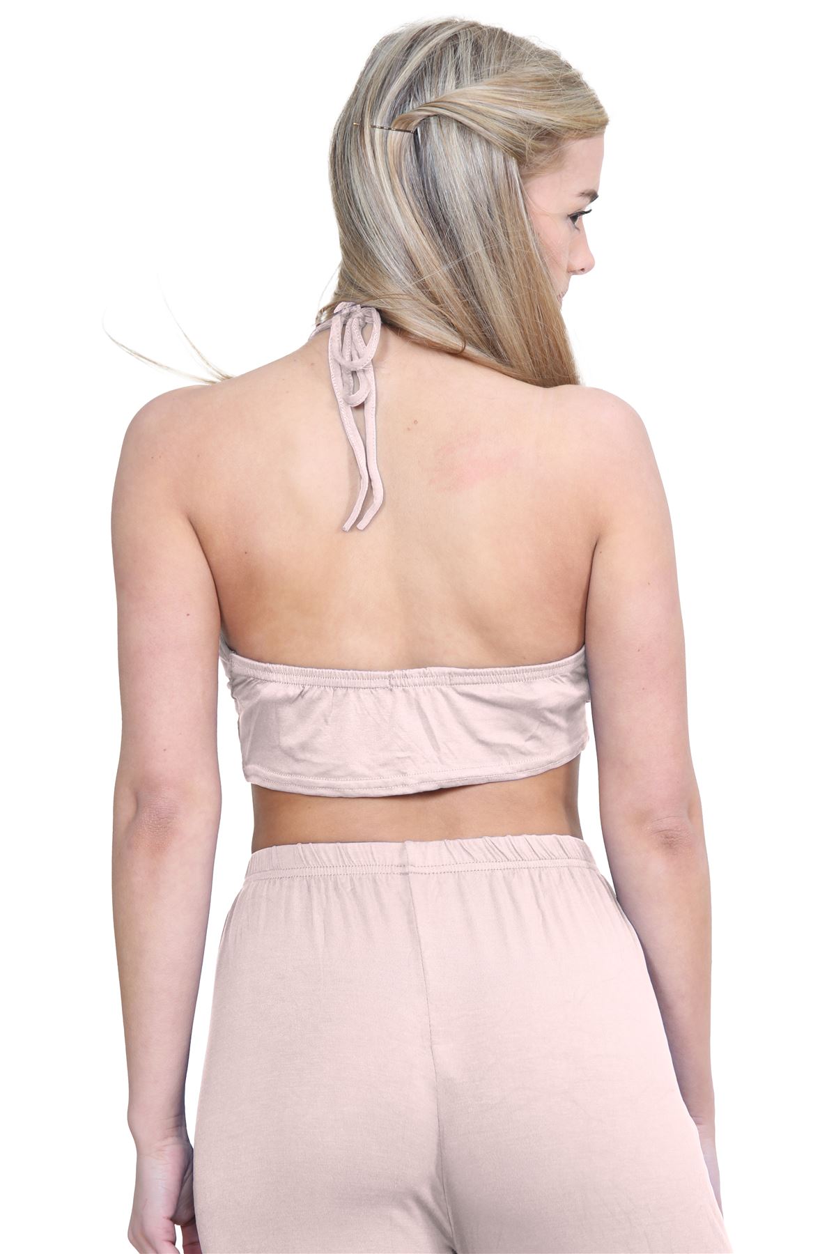 Halter Neck Crop Top Womens Vest Top Plain Tie Knot Top Basic Sleeveless T-Shirt - Picture 84 of 170