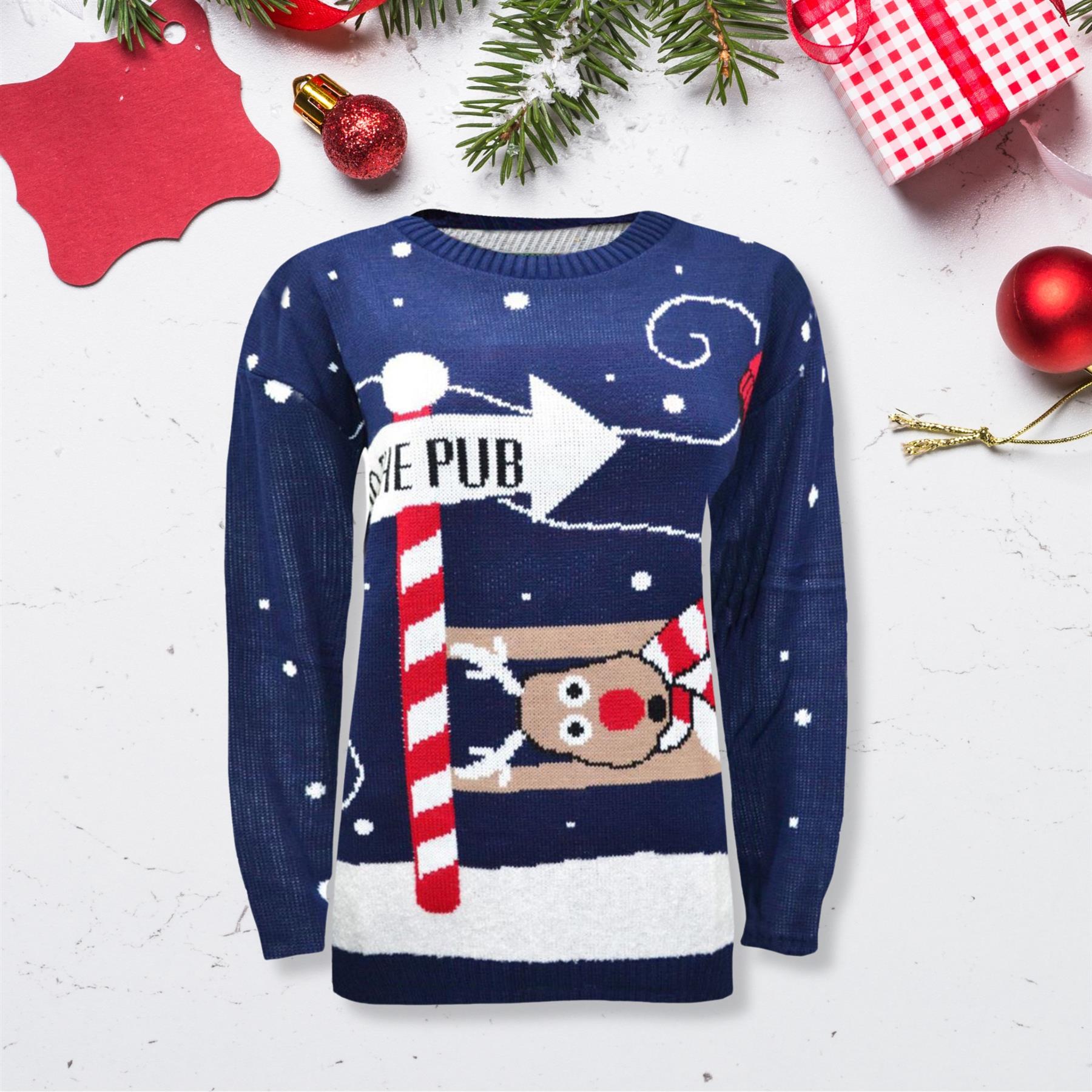 Christmas Reindeer Jumper Womens Knitted Funny Xmas Sweater Unisex Retro Jumpers - Picture 93 of 128