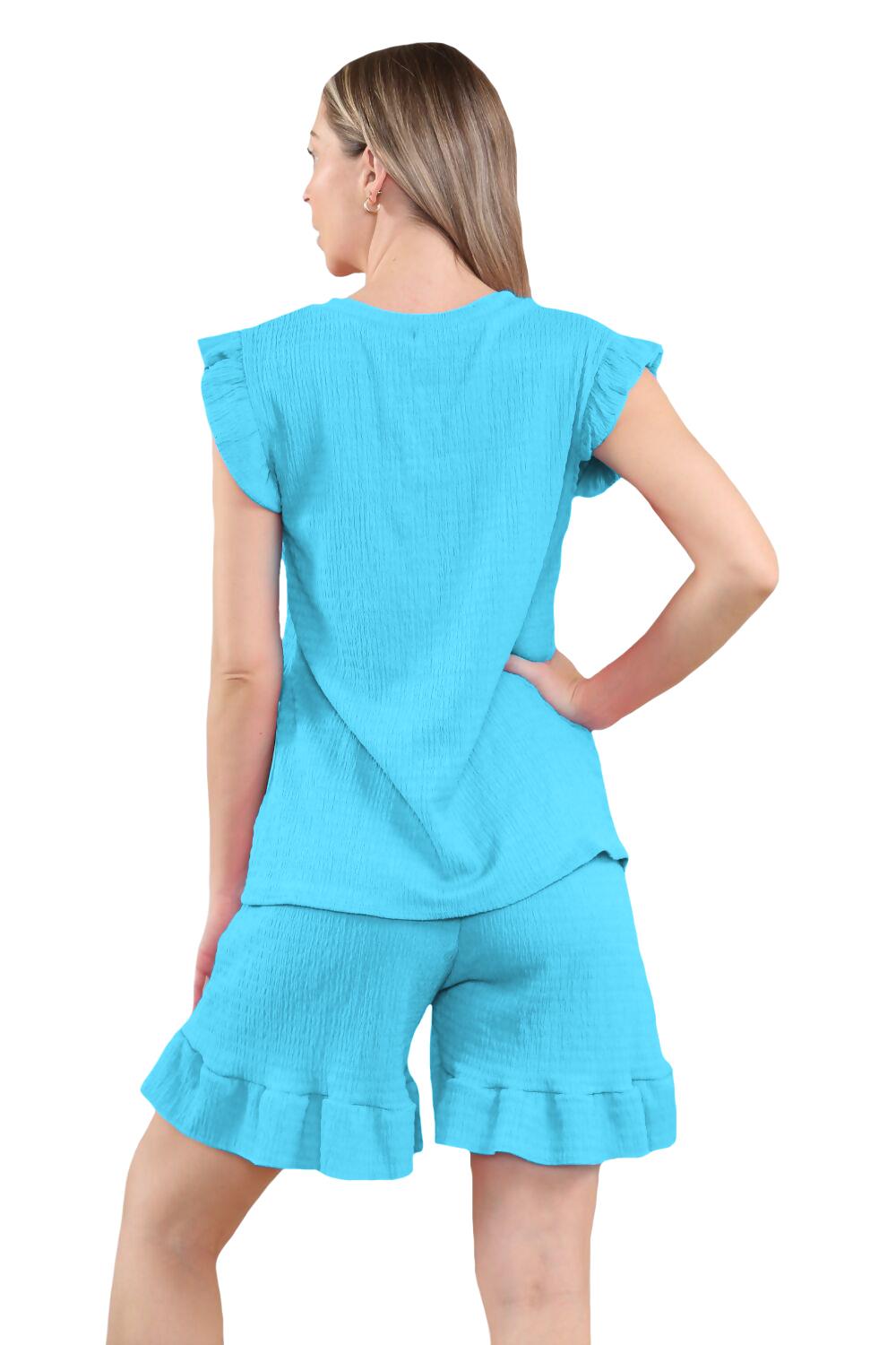 Conjunto corto de 2 piezas italiano para mujer conjunto de ropa de salón de verano con volantes sin mangas - Imagen 58 de 61