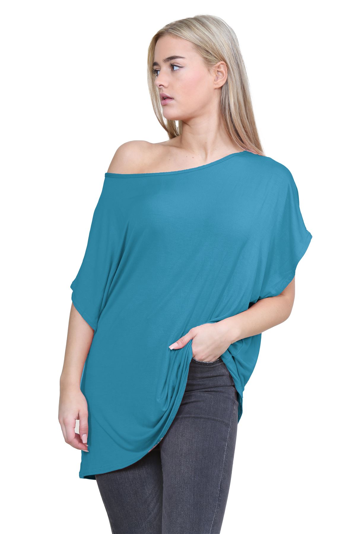 Schulterfreies Damen-T-Shirt Oberteil Fledermausärmel Oversize uni Freizeit Bardot Oberteil - Bild 197 von 225
