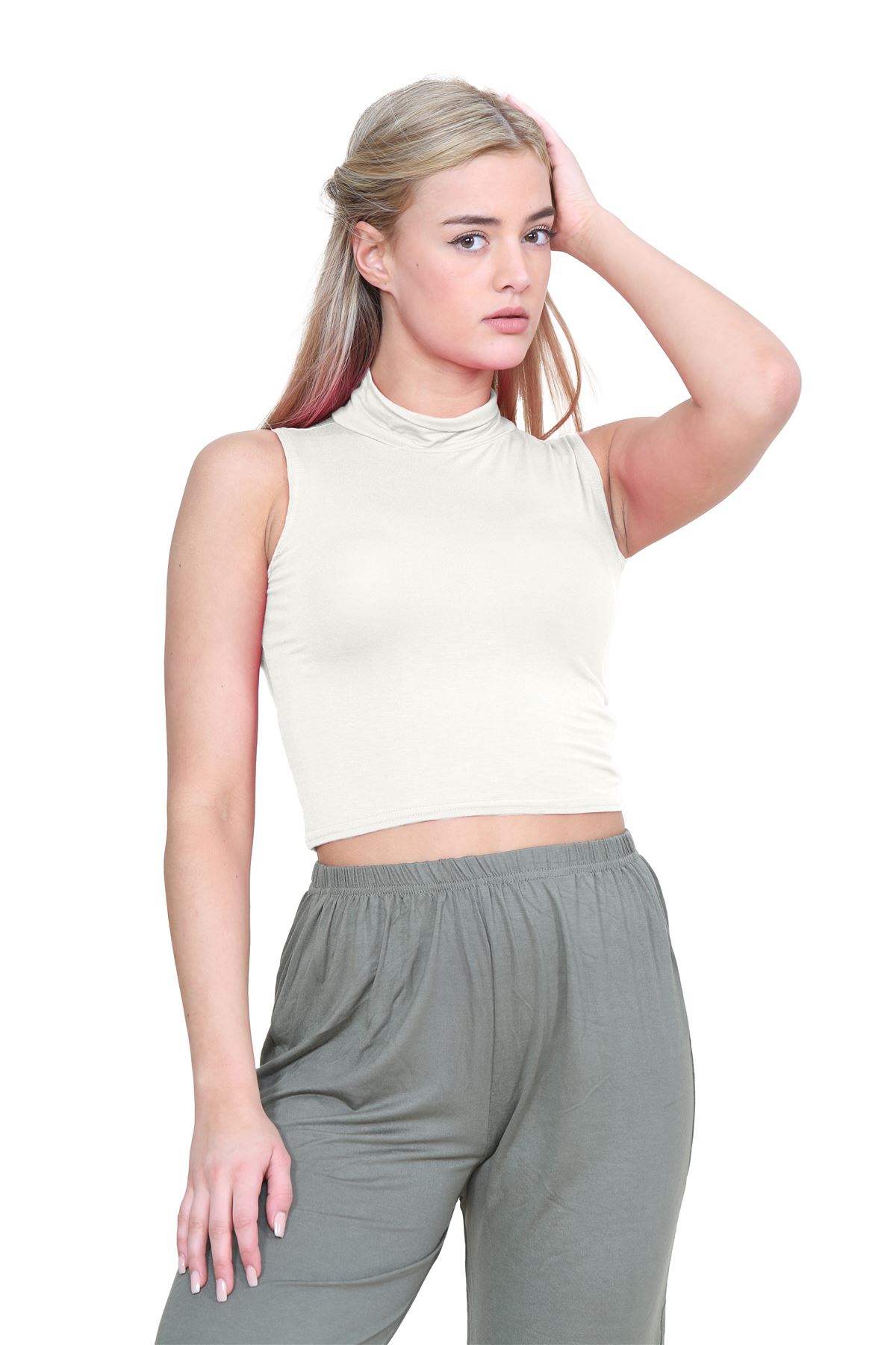 Womens Sleeveless Crop Top Ladies High Turtle Neck Plain Stretchy T-Shirt Vest - Picture 47 of 165