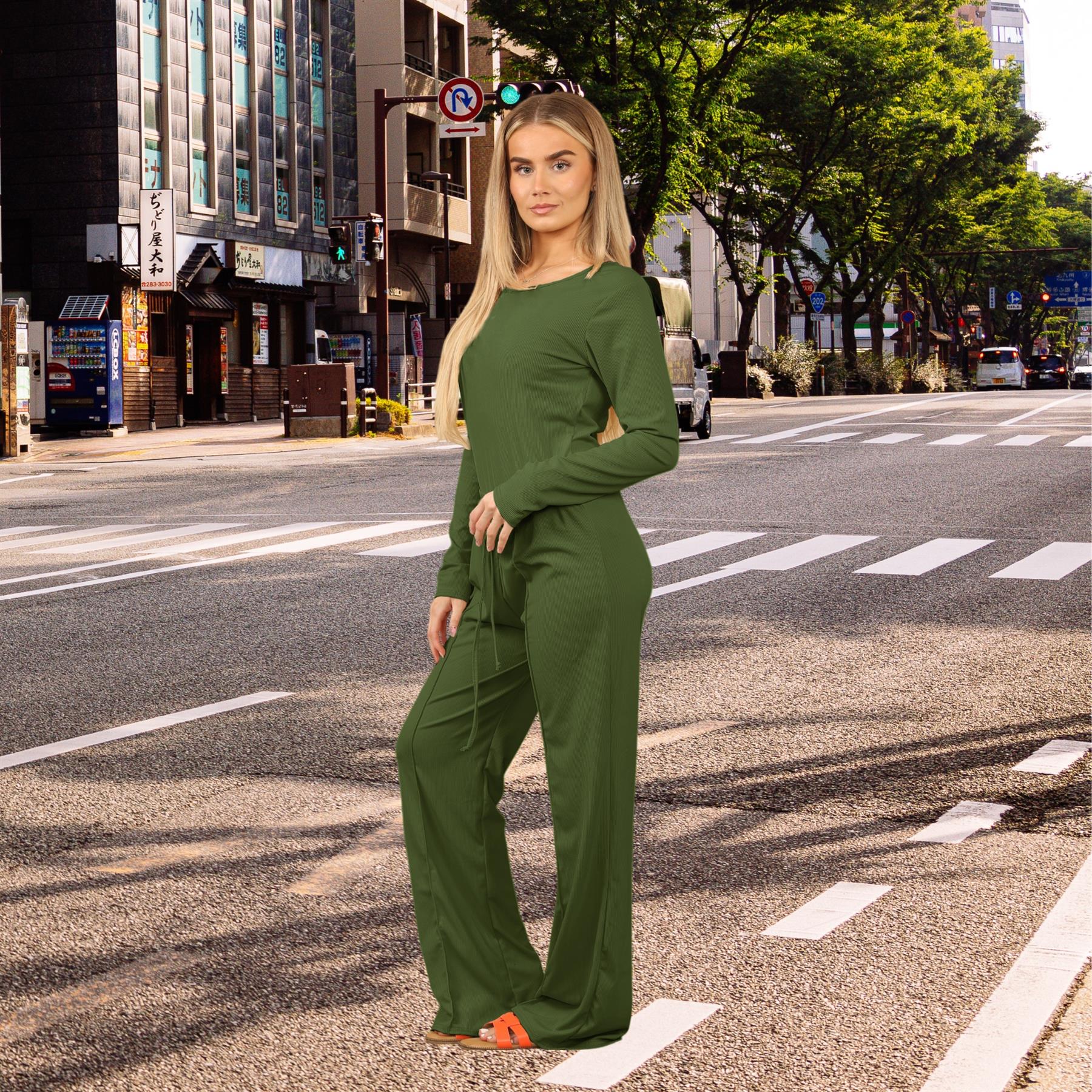 Conjunto de 2 piezas de body acanalado de pierna ancha para damas Chándal Co Ords Ropa de salón - Imagen 18 de 29