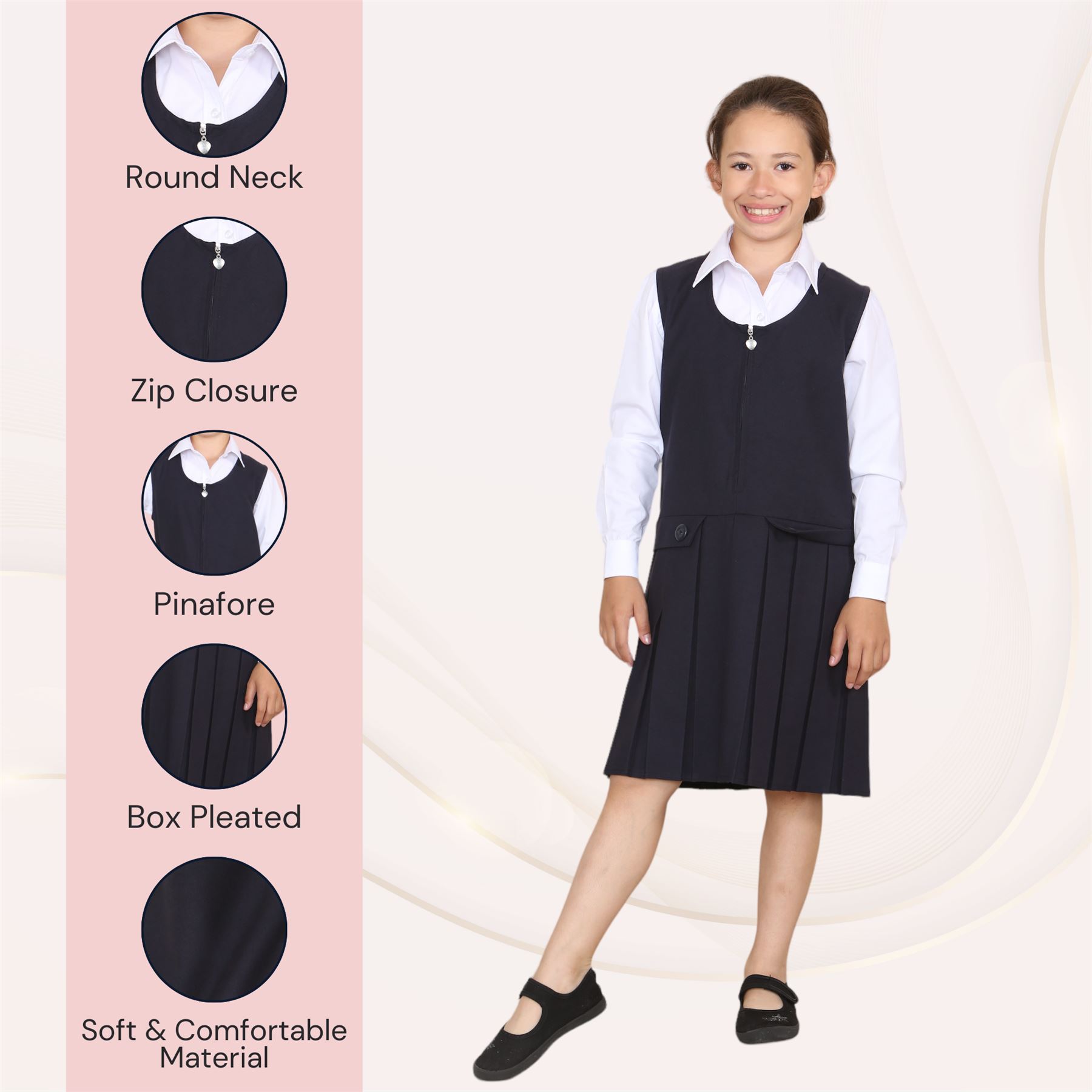 Niñas Delantal Vestido Caja Plisada Dos Botones Frontal Cremallera Uniforme Escolar Paquete de 2 - Imagen 8 de 23
