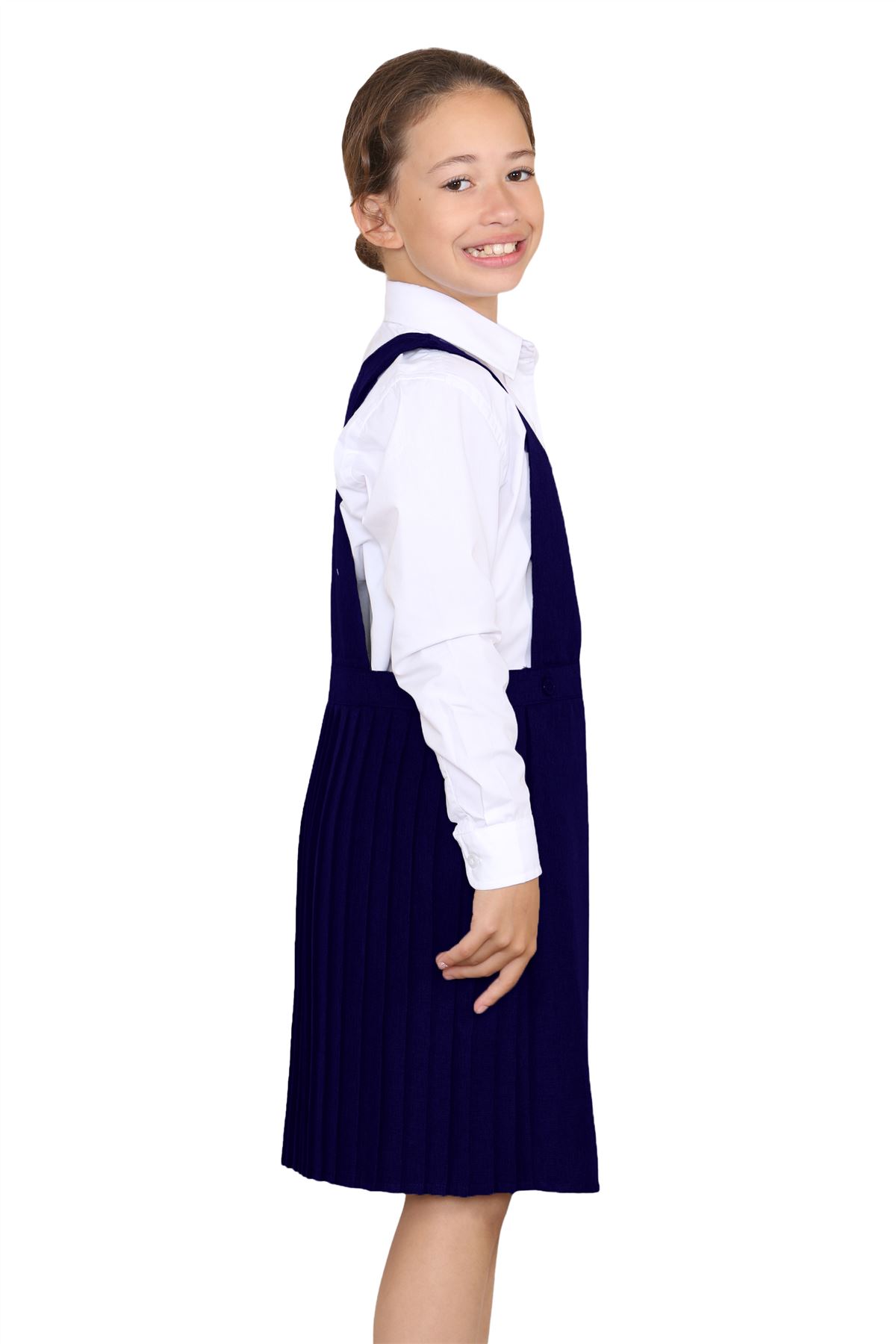 Girls Pleated Bib Pinafore Wrap Over Sleeveless Kids School Uniform Dress 2-16Yr - Picture 24 of 80