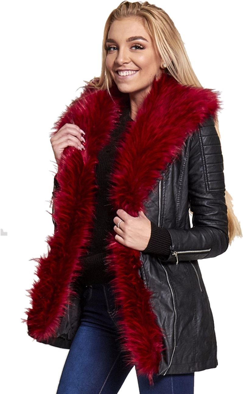 New Womens Red Faux Fur Collar PU PVC Leather Look Zip Up Long Biker Jacket Coat eBay