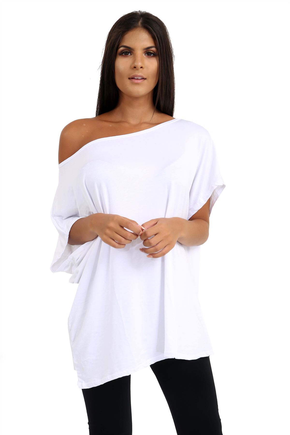 Schulterfreies Damen-T-Shirt Oberteil Fledermausärmel Oversize uni Freizeit Bardot Oberteil - Bild 208 von 225
