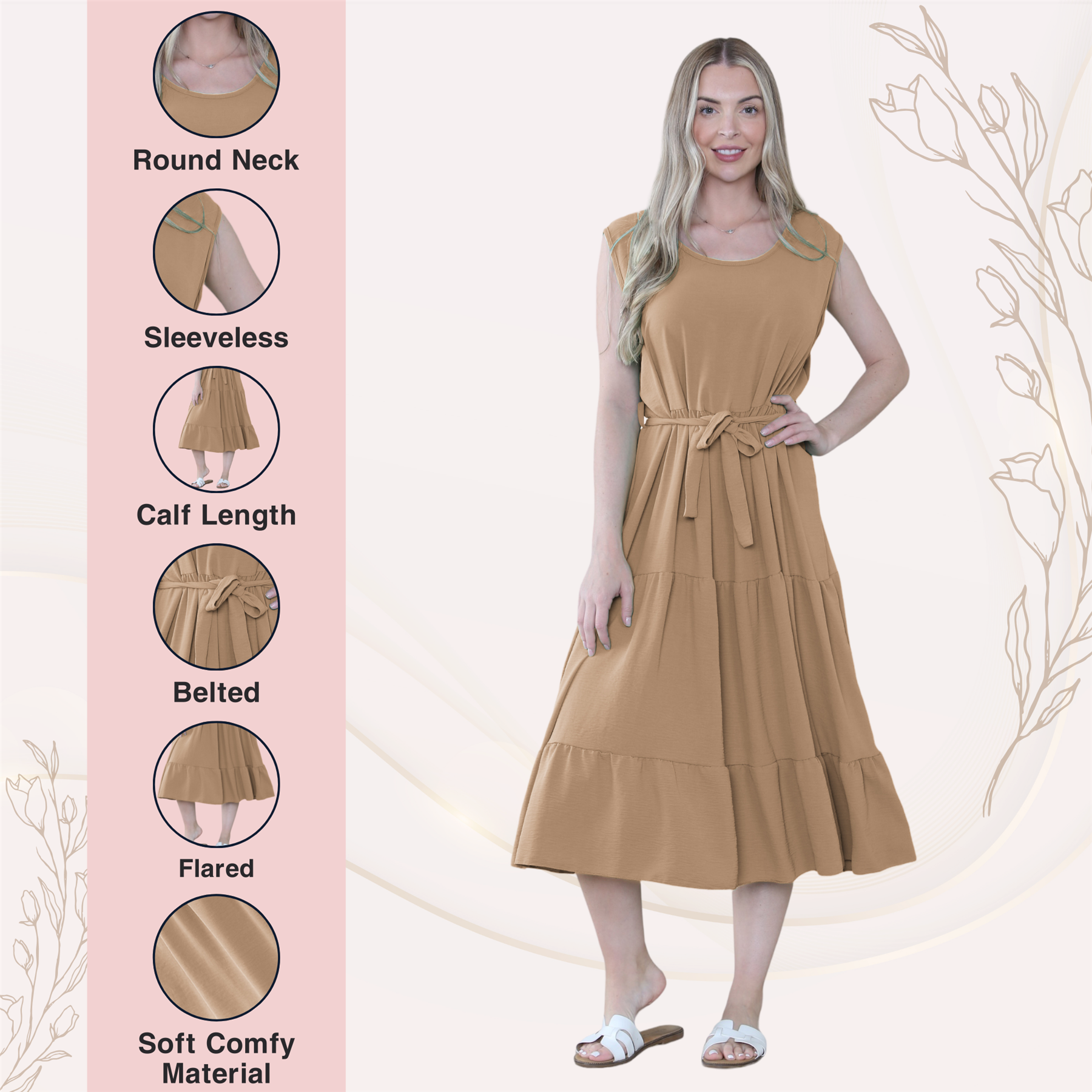 Womens Italian Smock Dress Sleeveless Belted Midi Dress Plain Frill Summer Dress - Picture 32 of 64