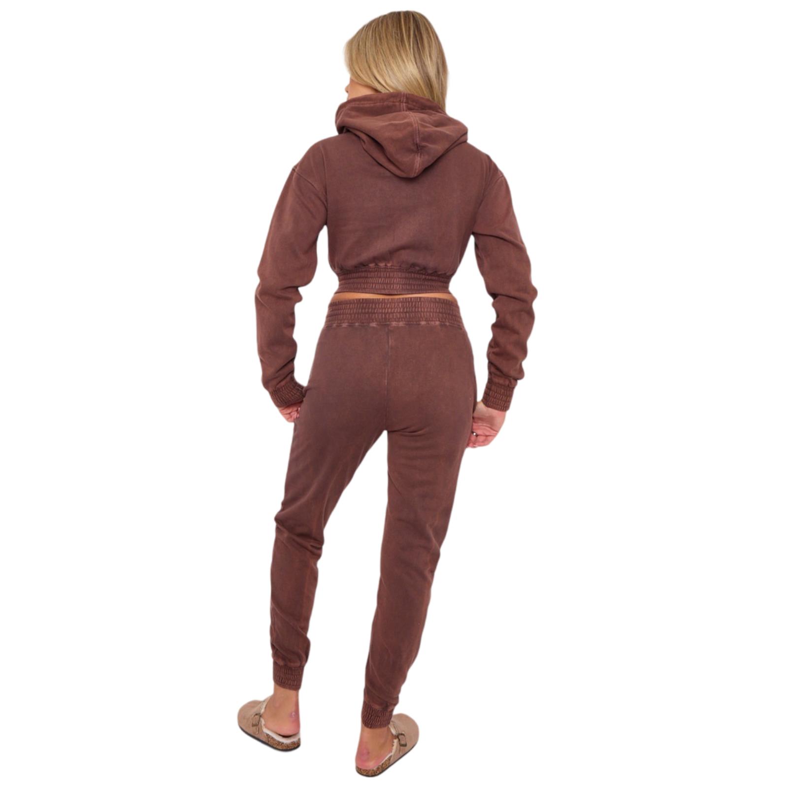 Womens Acid Wash Cropped Zip Hoodie Fleece Joggers Tracksuit 2Pcs Loungewear Set - Picture 11 of 24