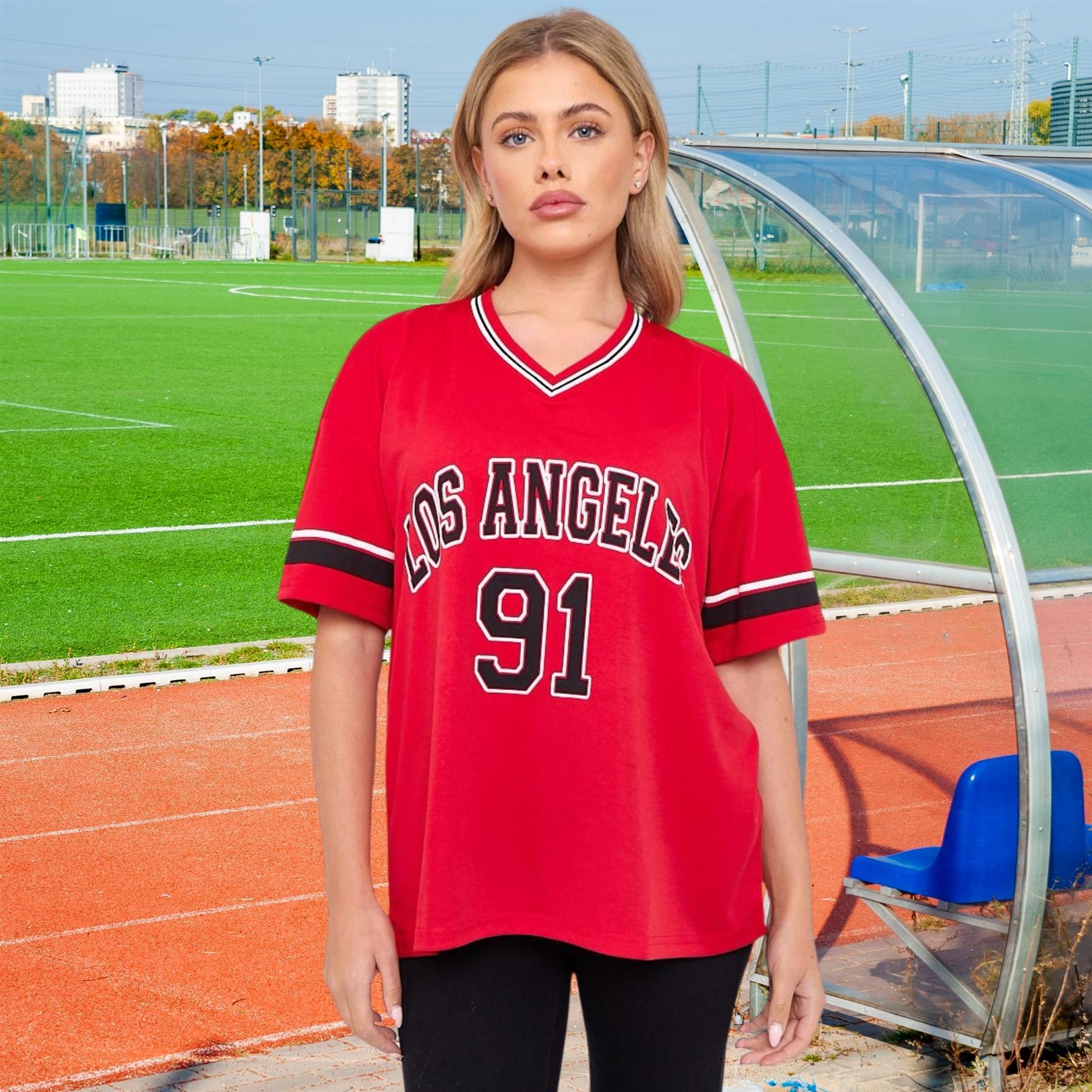 Camiseta de mujer de gran tamaño cuello en V LA 91 fútbol americano universitario holgada verano top - Imagen 36 de 50