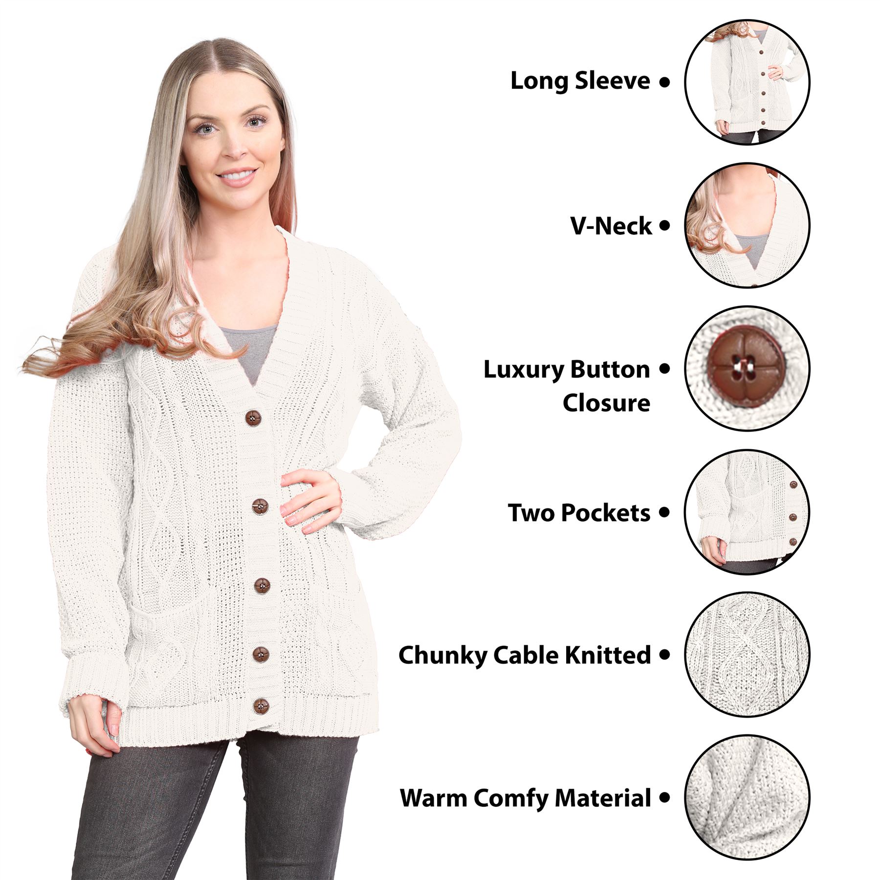 Womens Ladies Chunky Cable Knitted Button Long Sleeve Grandad Cardigan Jumper - Picture 25 of 94