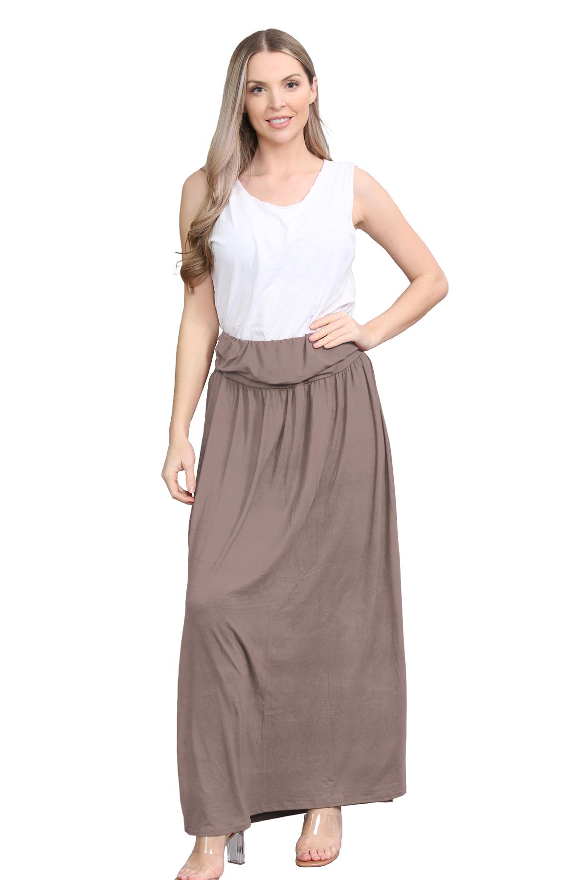 Womens Fold Over Maxi Skirt Plain Pleated Waist Jersey Summer Gypsy Long Skirt - Picture 31 of 68