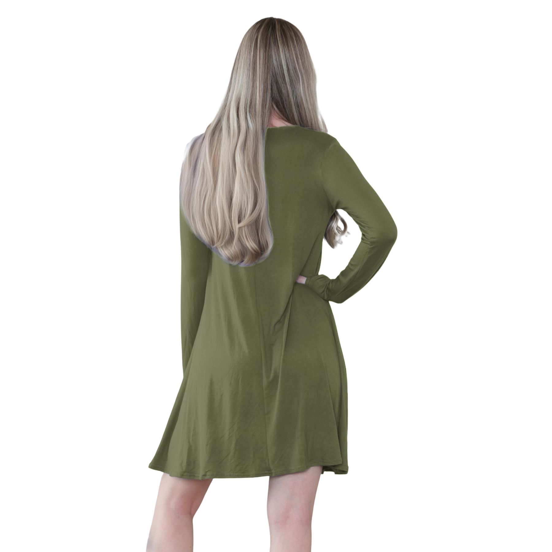 Damen Swing Kleid Uni Langarm Freizeit Ausgestellt A Linie Mini Oberteil Übergröße - Bild 44 von 100