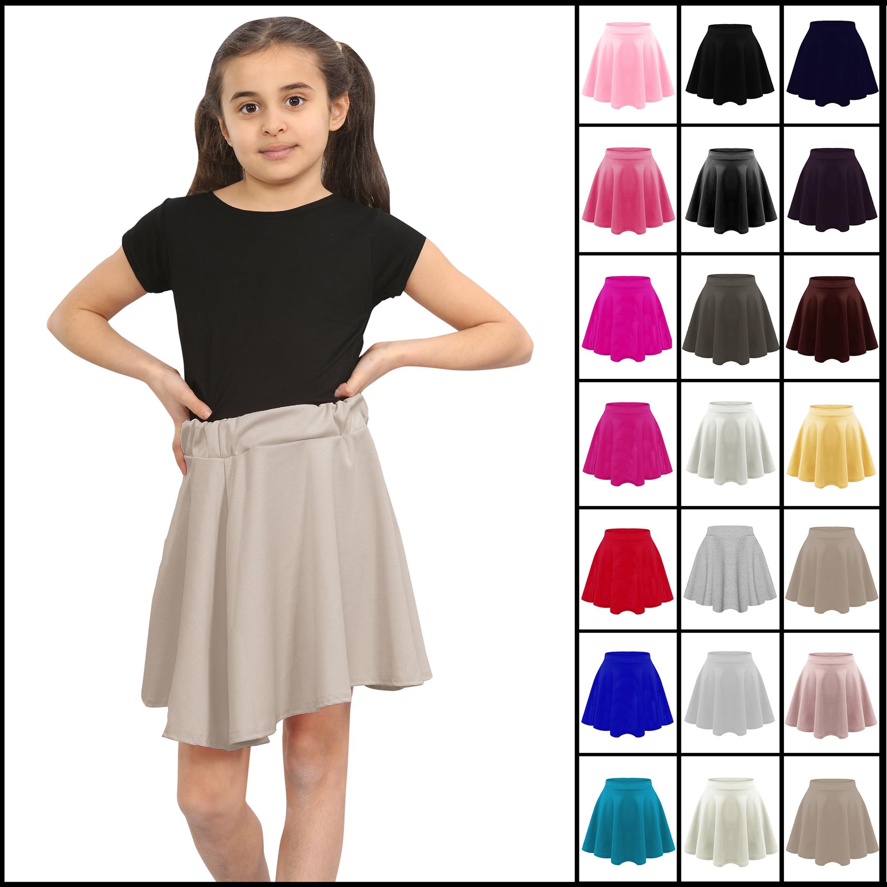 Kids Girls Plain Skater Skirt High Waistband Flippy Flare Party