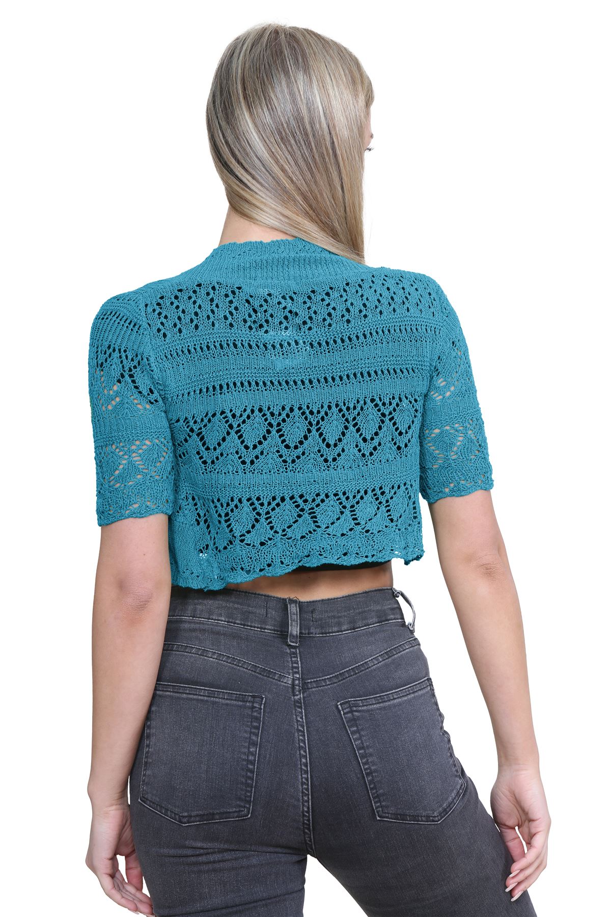 Womens Crochet Knitted Bolero Shrug Short Sleeve Open Front Cardigan Crop Top - Picture 159 of 186
