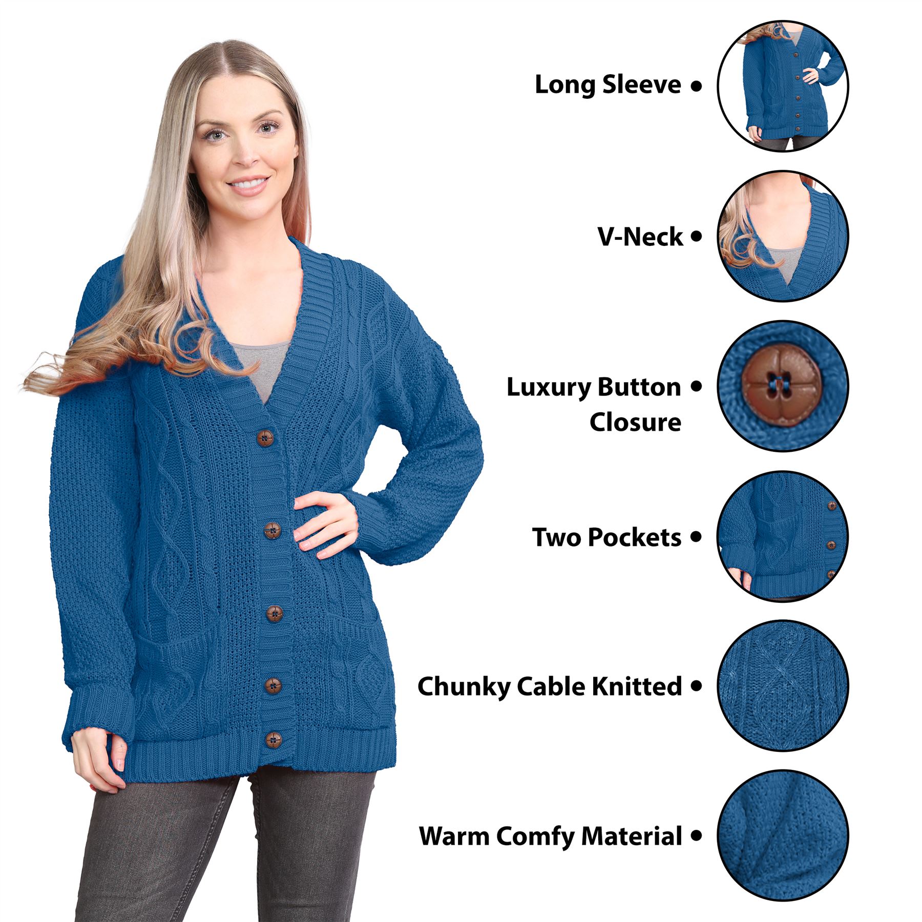 Womens Ladies Chunky Cable Knitted Button Long Sleeve Grandad Cardigan Jumper - Picture 77 of 94