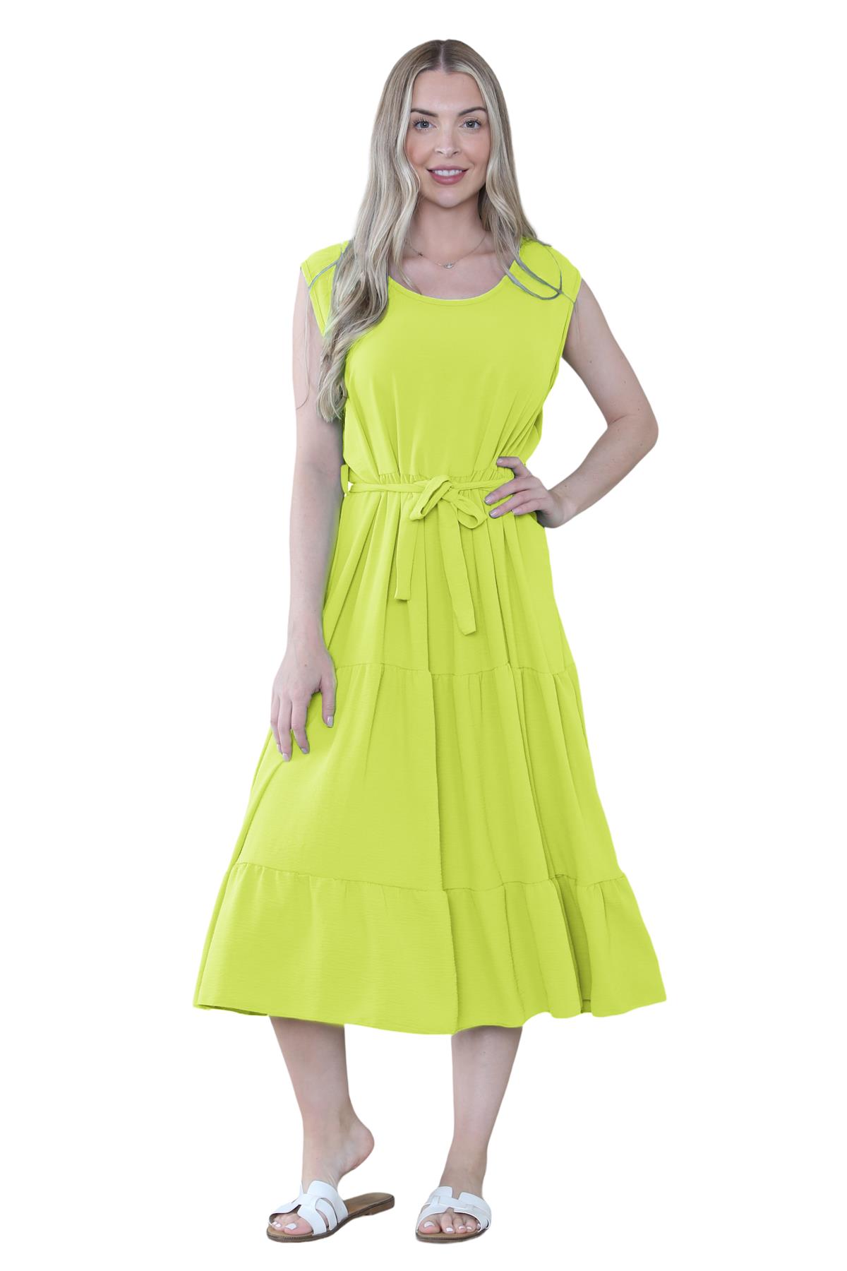 Womens Italian Smock Dress Sleeveless Belted Midi Dress Plain Frill Summer Dress - Picture 11 of 64