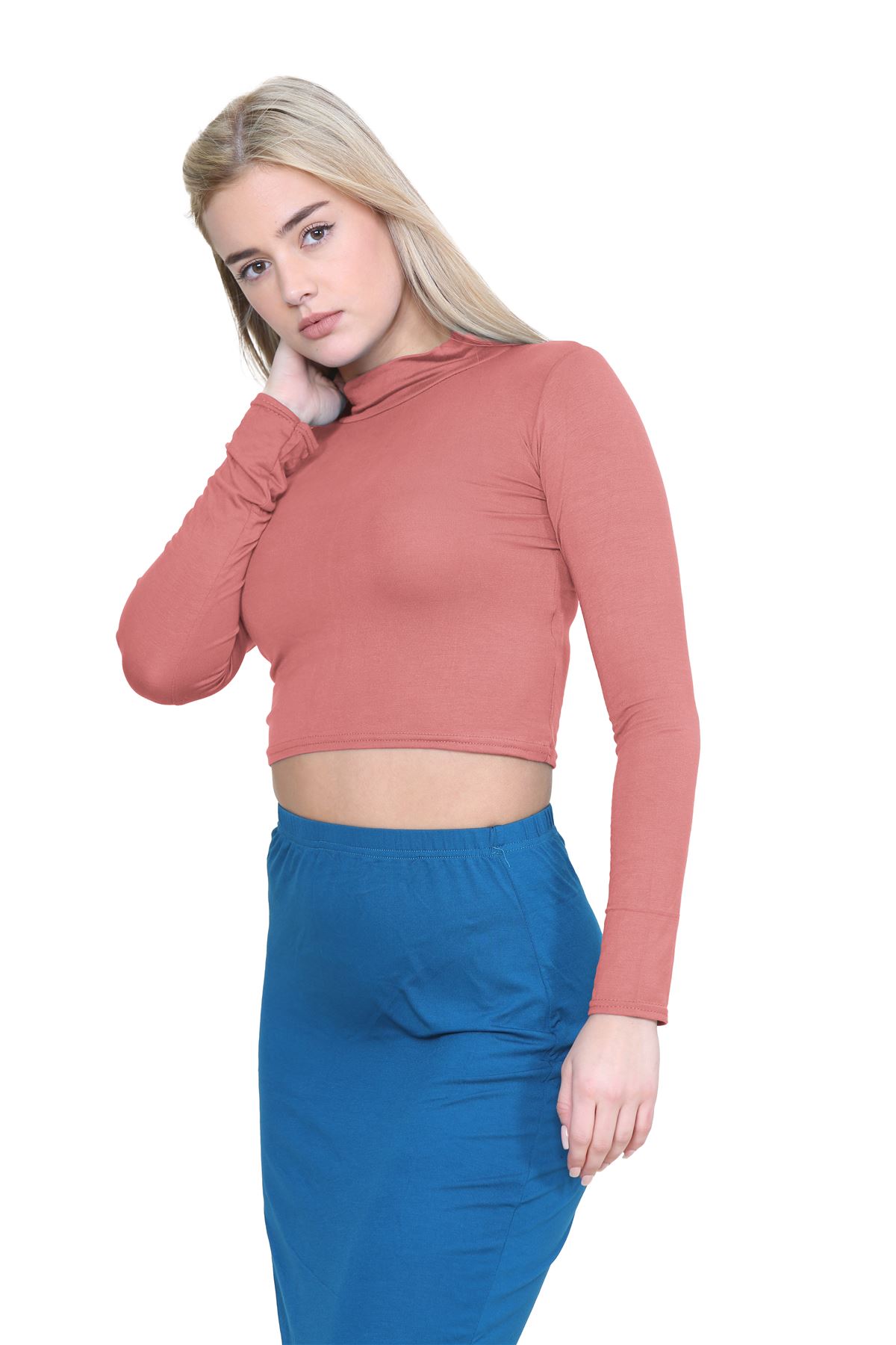 Turtle Neck Crop Top Womens Plain Long Sleeve Stretchy Basic Polo Neck T-Shirt - Picture 105 of 129