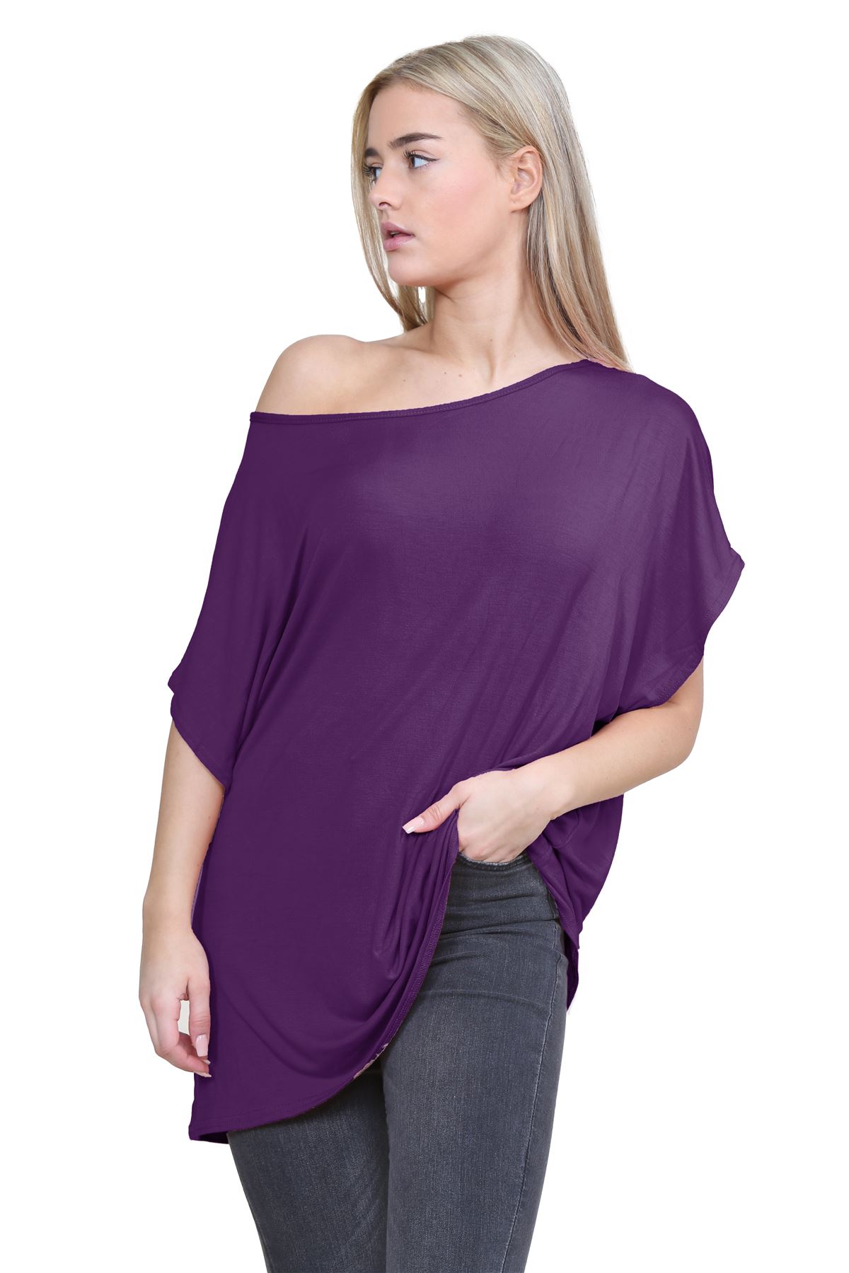 Womens Off Shoulder Top Batwing Sleeve Bardot Oversized T Shirt Plain Summer Top - Picture 131 of 225