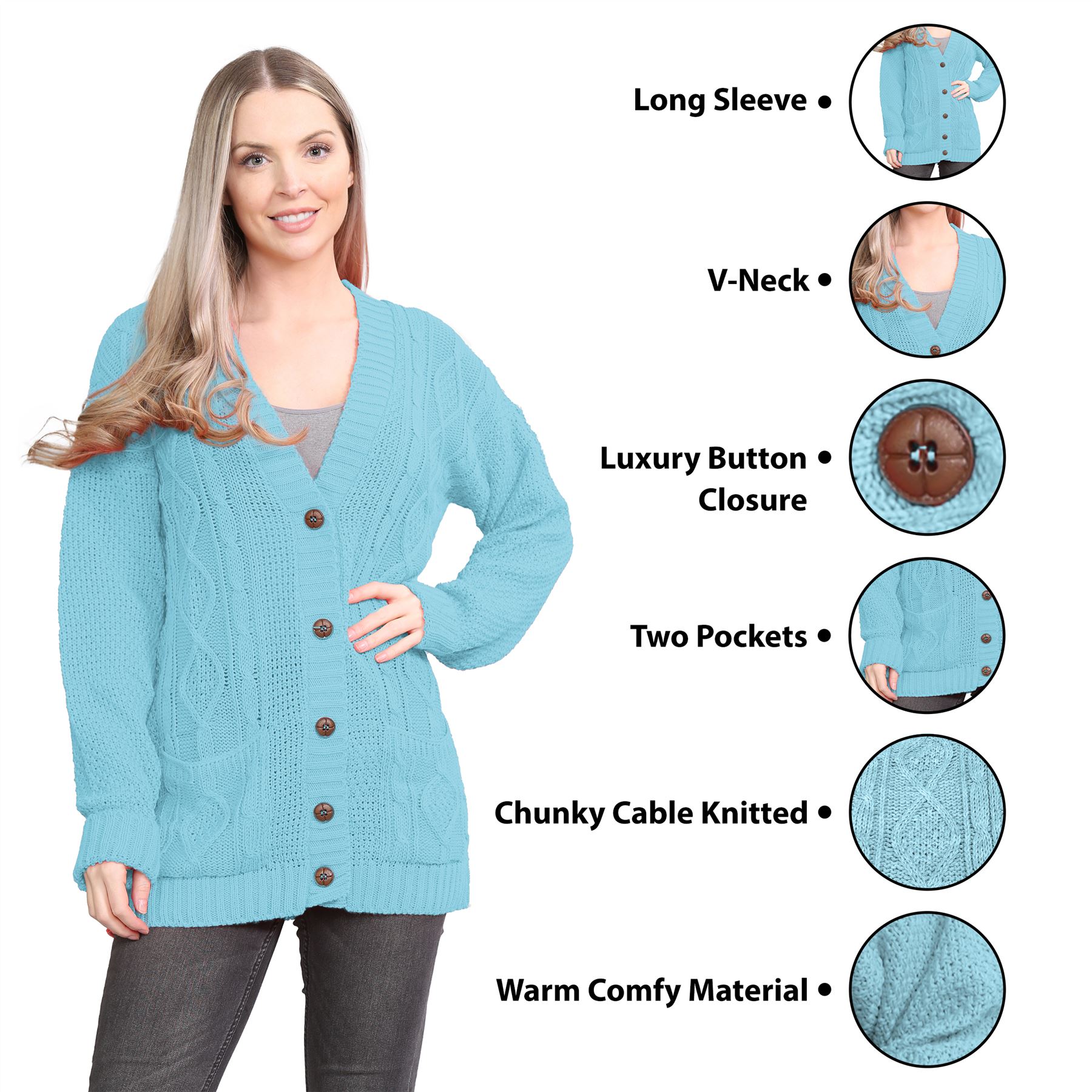 Womens Ladies Chunky Cable Knitted Button Long Sleeve Grandad Cardigan Jumper - Picture 65 of 94