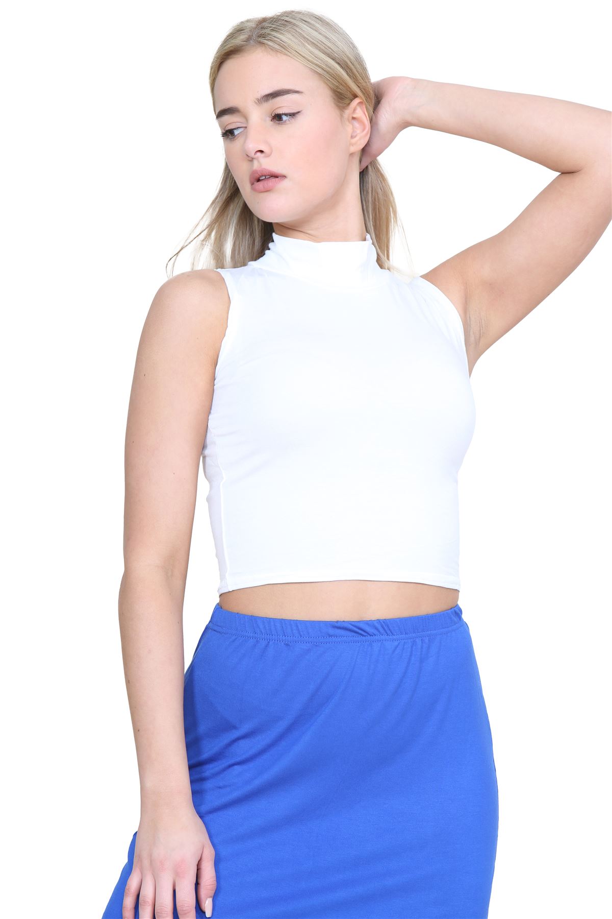 Womens Sleeveless Crop Top Ladies High Turtle Neck Plain Stretchy T-Shirt Vest - Picture 151 of 165