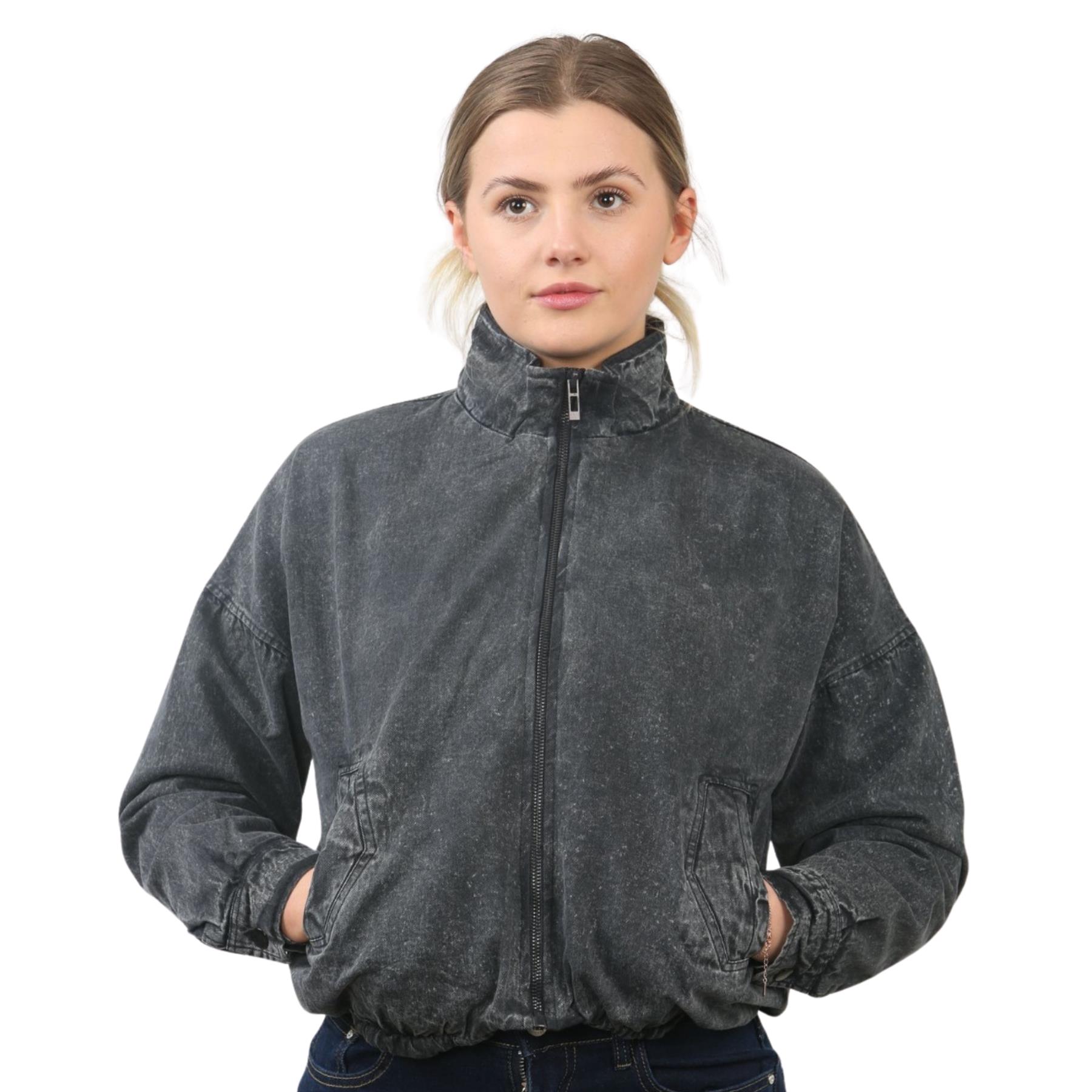 Damen-Bomberjacke Acid Washed lässig Reißverschlusskragen Oberbekleidung kurzer Wintermantel - Bild 2 von 18