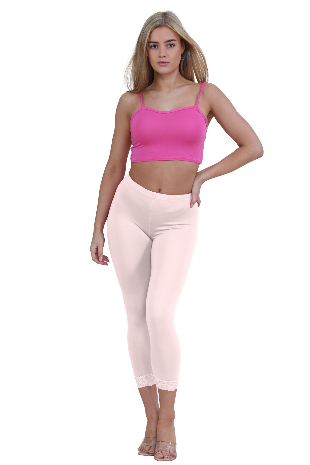New Ladies Plain Lace Trim Cropped Yoga Stretchy 3/4 Length Capri Leggings Pants - Picture 57 of 132