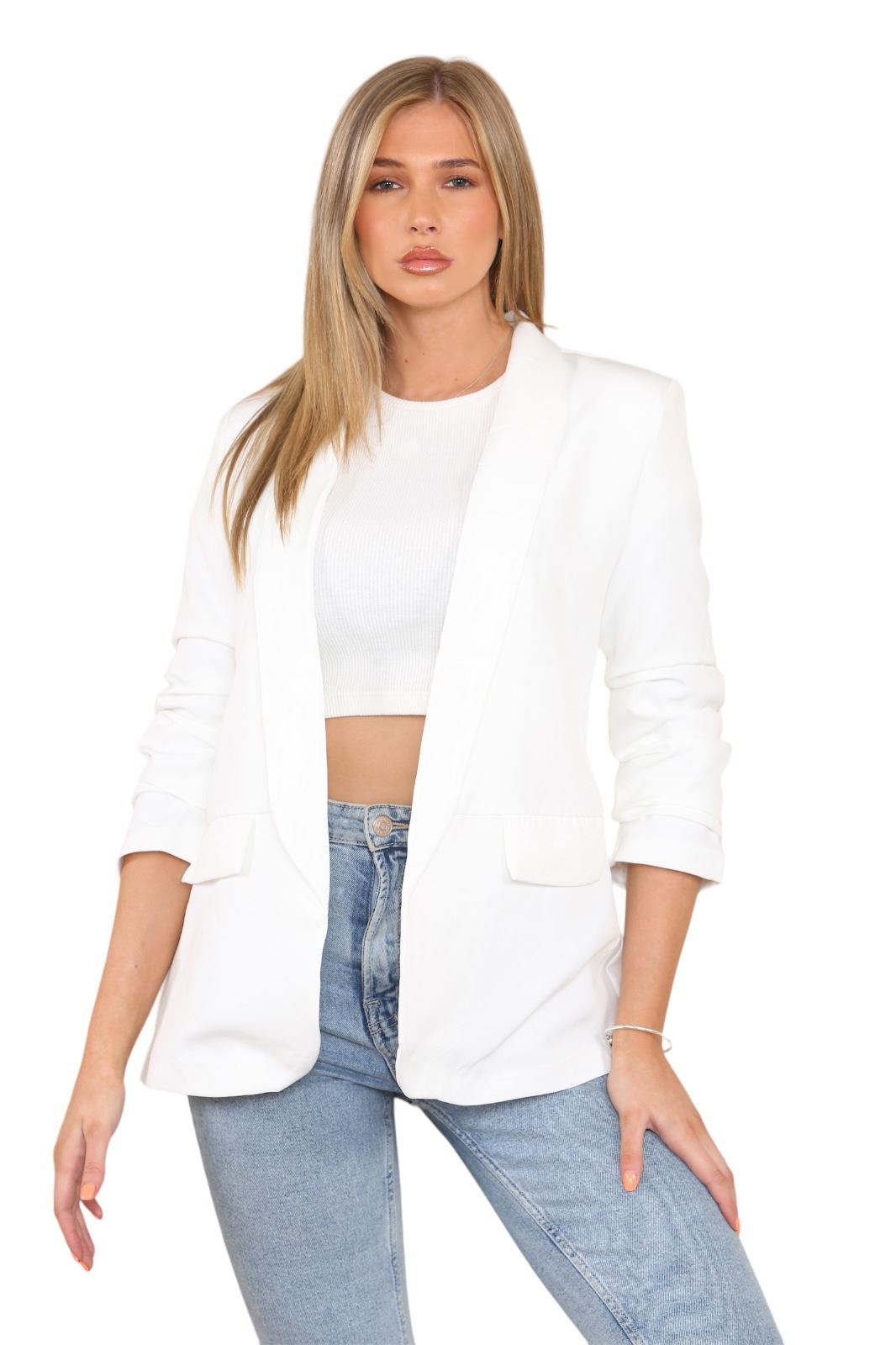 Blazer de manga acanalada para damas totalmente forrado cuello liso informal chaqueta de oficina top - Imagen 19 de 97