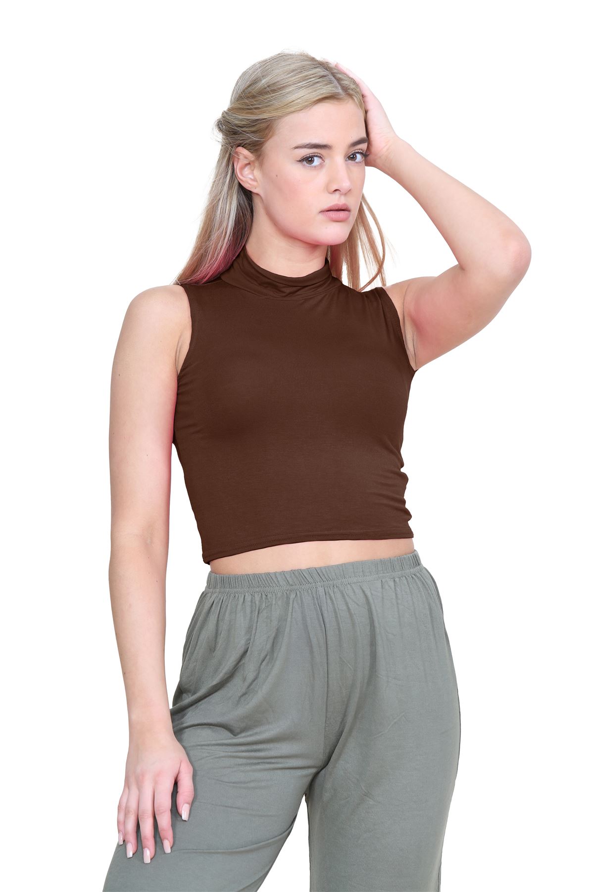 Womens Sleeveless Crop Top Ladies High Turtle Neck Plain Stretchy T-Shirt Vest - Picture 20 of 165