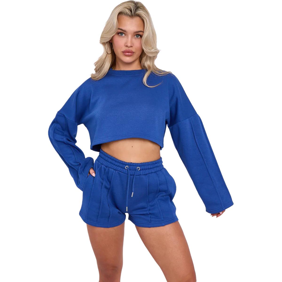 Womens Pleated Lined Crop Top Shorts Set 2 Pcs Co-ord Fleece Loungewear Suit - Picture 19 of 36