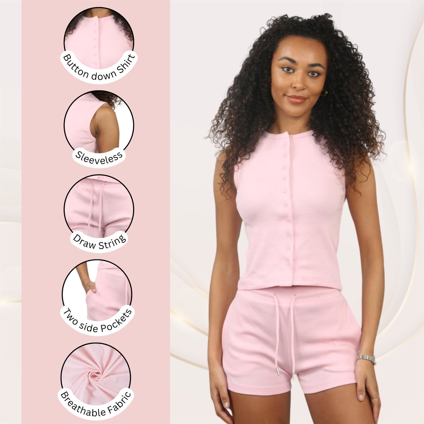 Damen Gerippt Ärmellos Knopfleiste Crop Top und Kordelzug Shorts Loungewear Set - Bild 36 von 49
