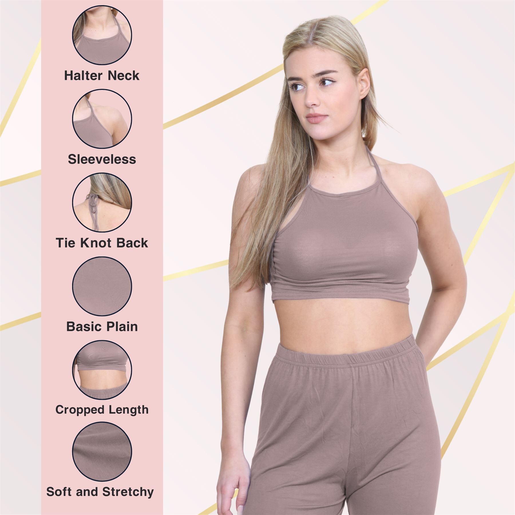 Halter Neck Crop Top Womens Vest Top Plain Tie Knot Top Basic Sleeveless T-Shirt - Picture 80 of 170