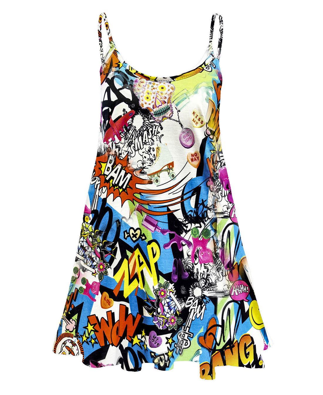 Womens Printed Cami Dress Flared Strappy Long Camisole Swing Mini Dress Vest Top - Picture 3 of 21