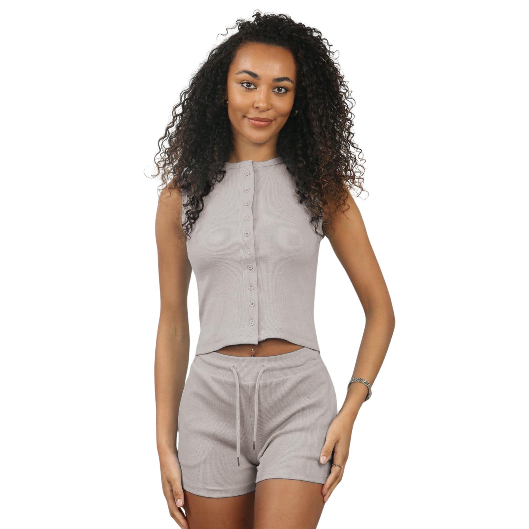 Damen Gerippt Ärmellos Knopfleiste Crop Top und Kordelzug Shorts Loungewear Set - Bild 22 von 49