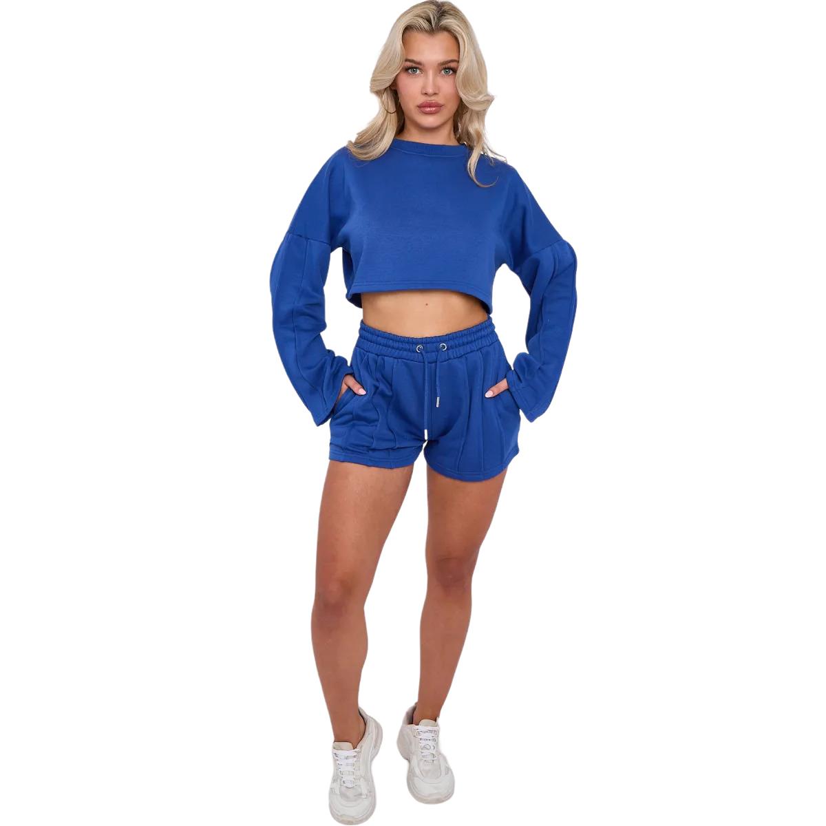 Womens Pleated Lined Crop Top Shorts Set 2 Pcs Co-ord Fleece Loungewear Suit - Picture 20 of 36