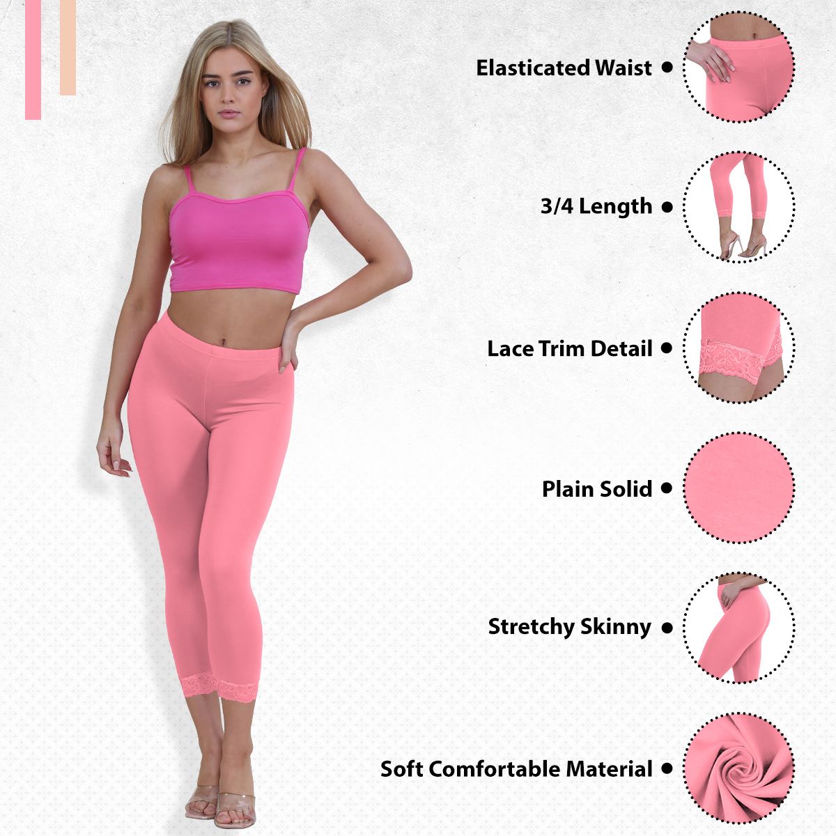 New Ladies Plain Lace Trim Cropped Yoga Stretchy 3/4 Length Capri Leggings Pants - Picture 96 of 132