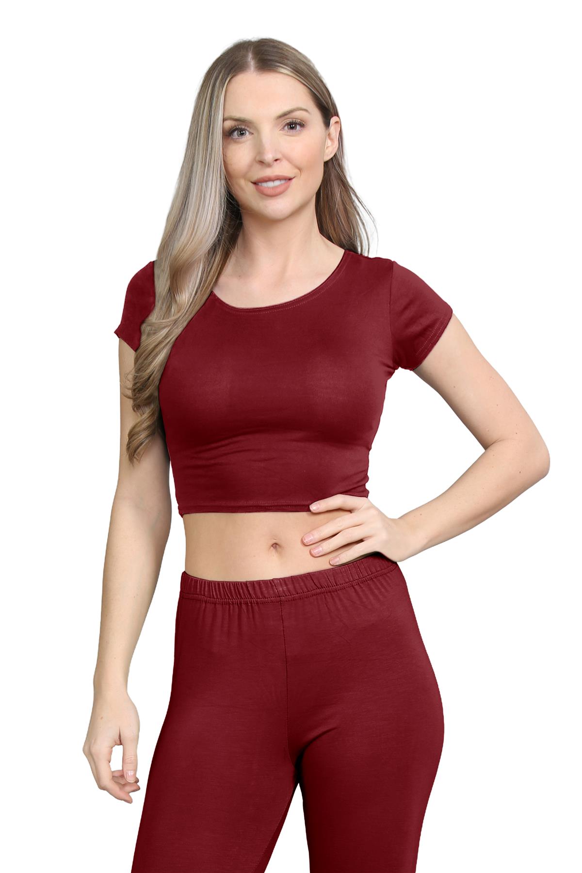 Damen Trainingsanzug Kurzarm Crop Top Sport Legging Workout Aktiv Lounge Set - Bild 129 von 148
