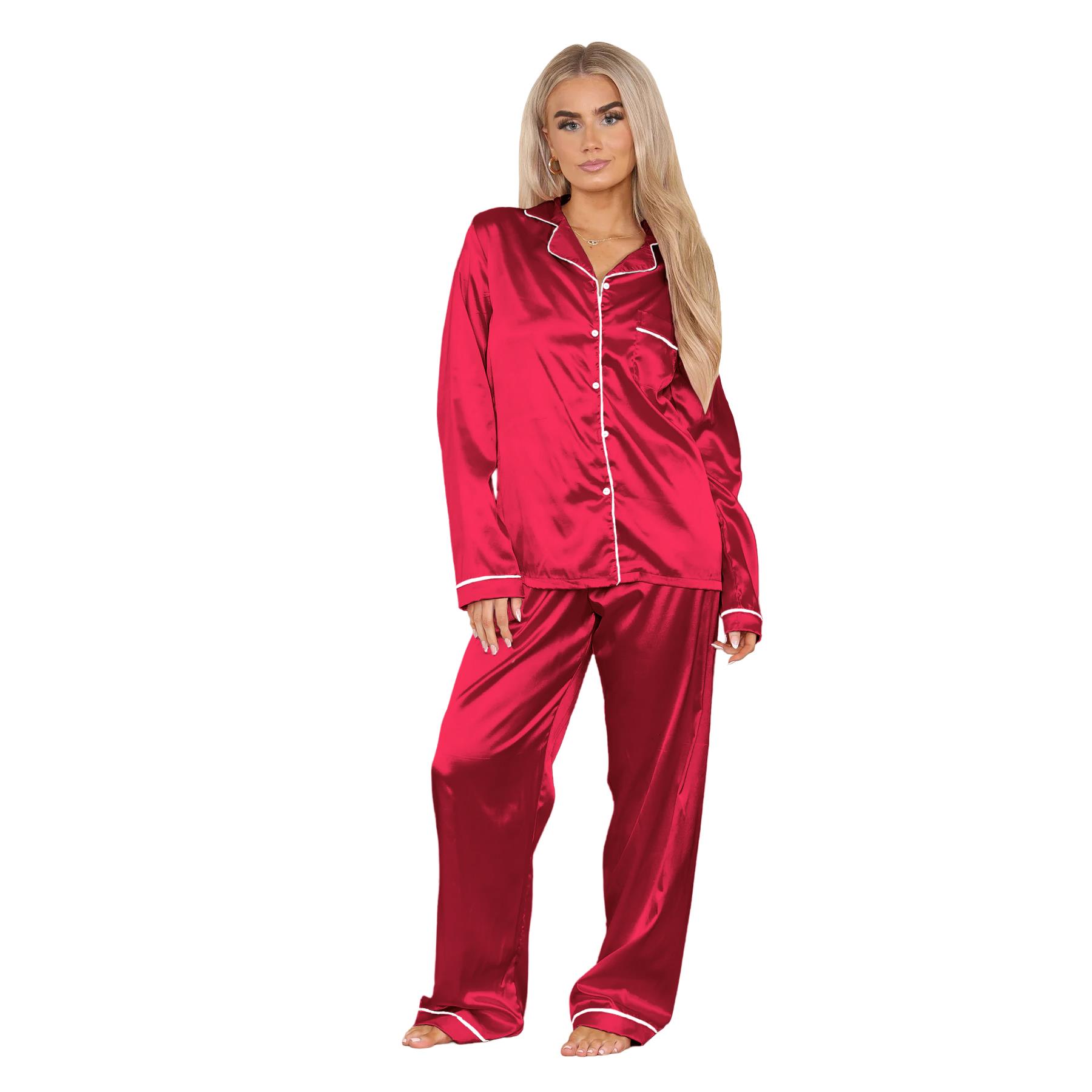 Conjunto de 2 piezas de pijama de satén de manga larga con botones camisa pantalón para damas - Imagen 26 de 43