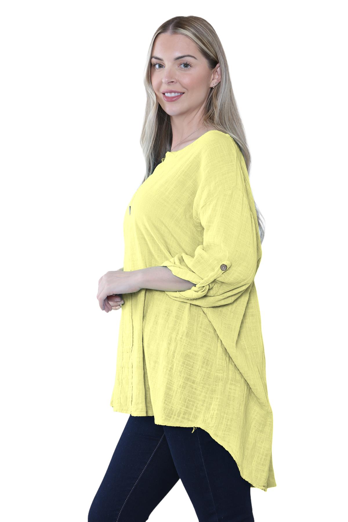 Camiseta informal lisa de lino y algodón con un botón de manga giratoria italiana para dama - Imagen 59 de 63