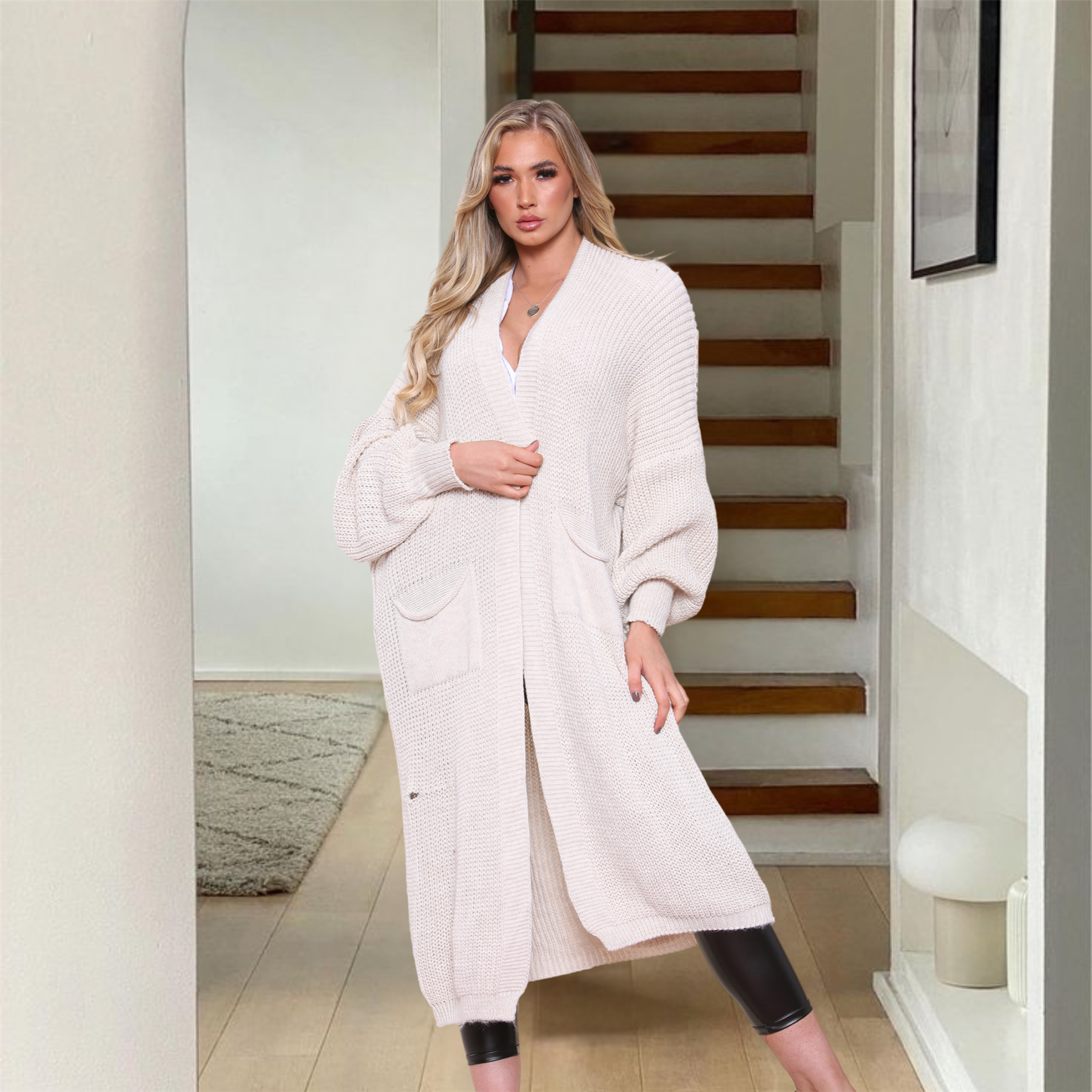 Ballonärmel Maxi Cardigan Damen übergroß gestrickt Winter Longline Pullover - Bild 56 von 134