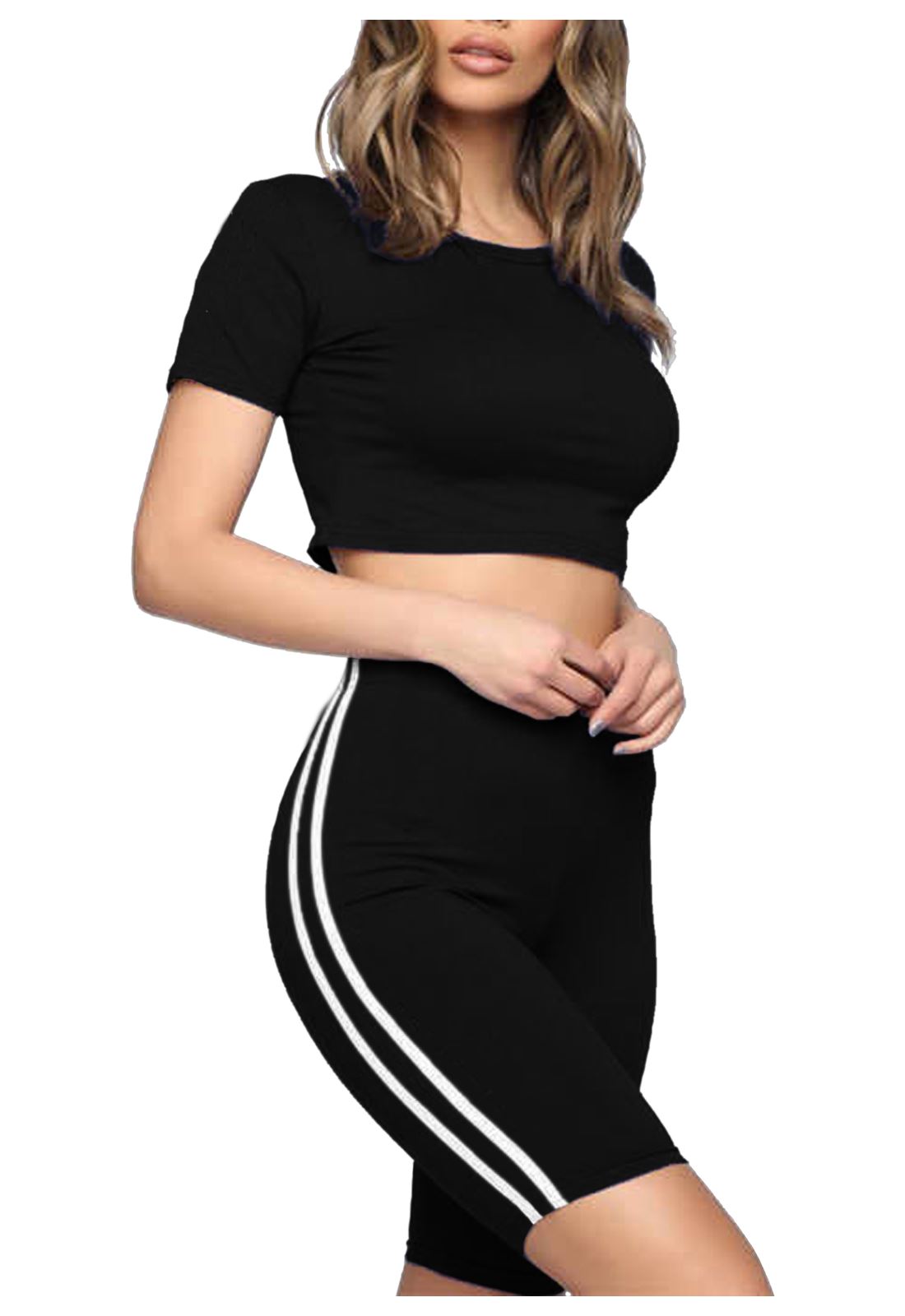 Conjunto de 2 piezas de pantalones cortos cortos con mangas de gorra a rayas laterales yoga baile coordes para mujer - Imagen 2 de 2