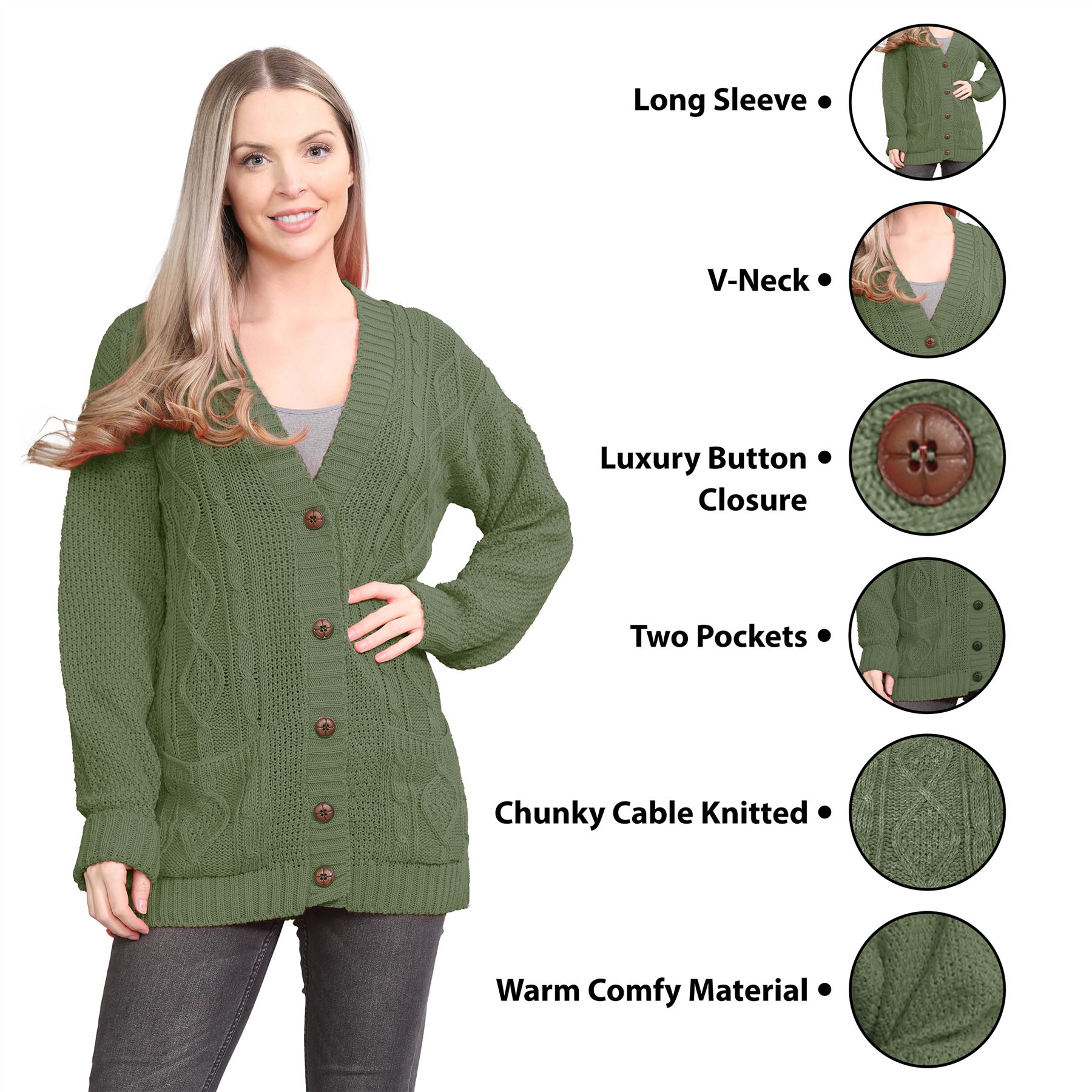Womens Ladies Chunky Cable Knitted Button Long Sleeve Grandad Cardigan Jumper - Picture 37 of 94
