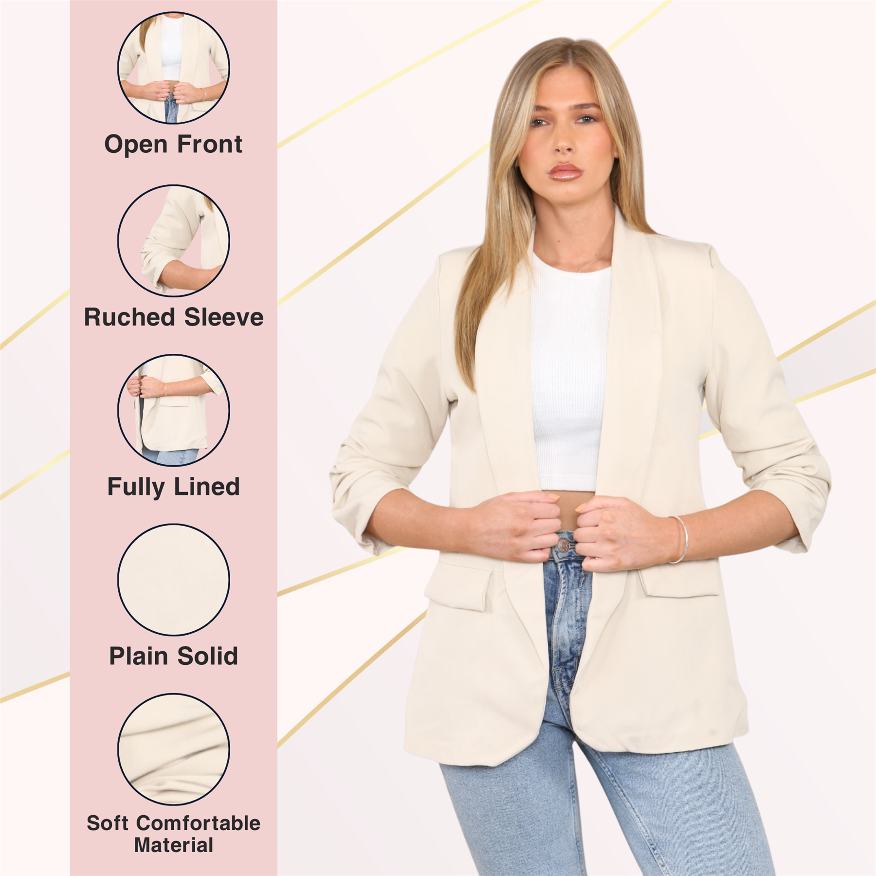 Blazer de manga acanalada para damas totalmente forrado cuello liso informal chaqueta de oficina top - Imagen 77 de 97
