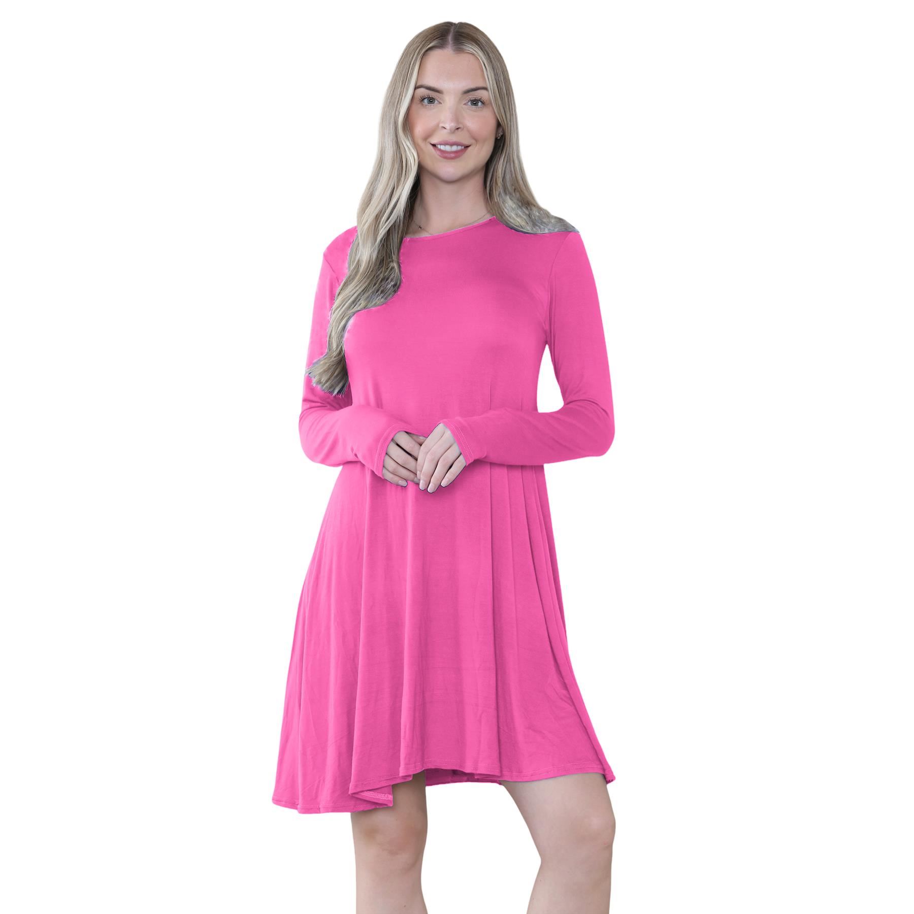 Damen Swing Kleid Uni Langarm Freizeit Ausgestellt A Linie Mini Oberteil Übergröße - Bild 19 von 100