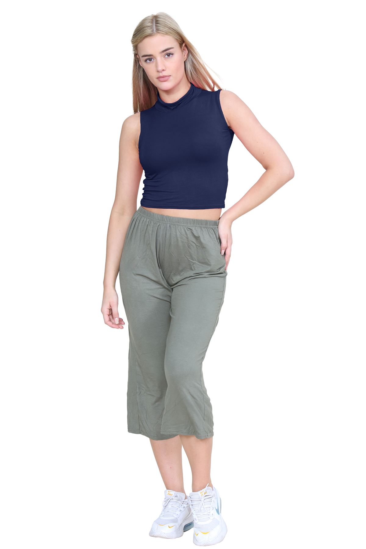 Womens Sleeveless Crop Top Ladies High Turtle Neck Plain Stretchy T-Shirt Vest - Picture 106 of 165