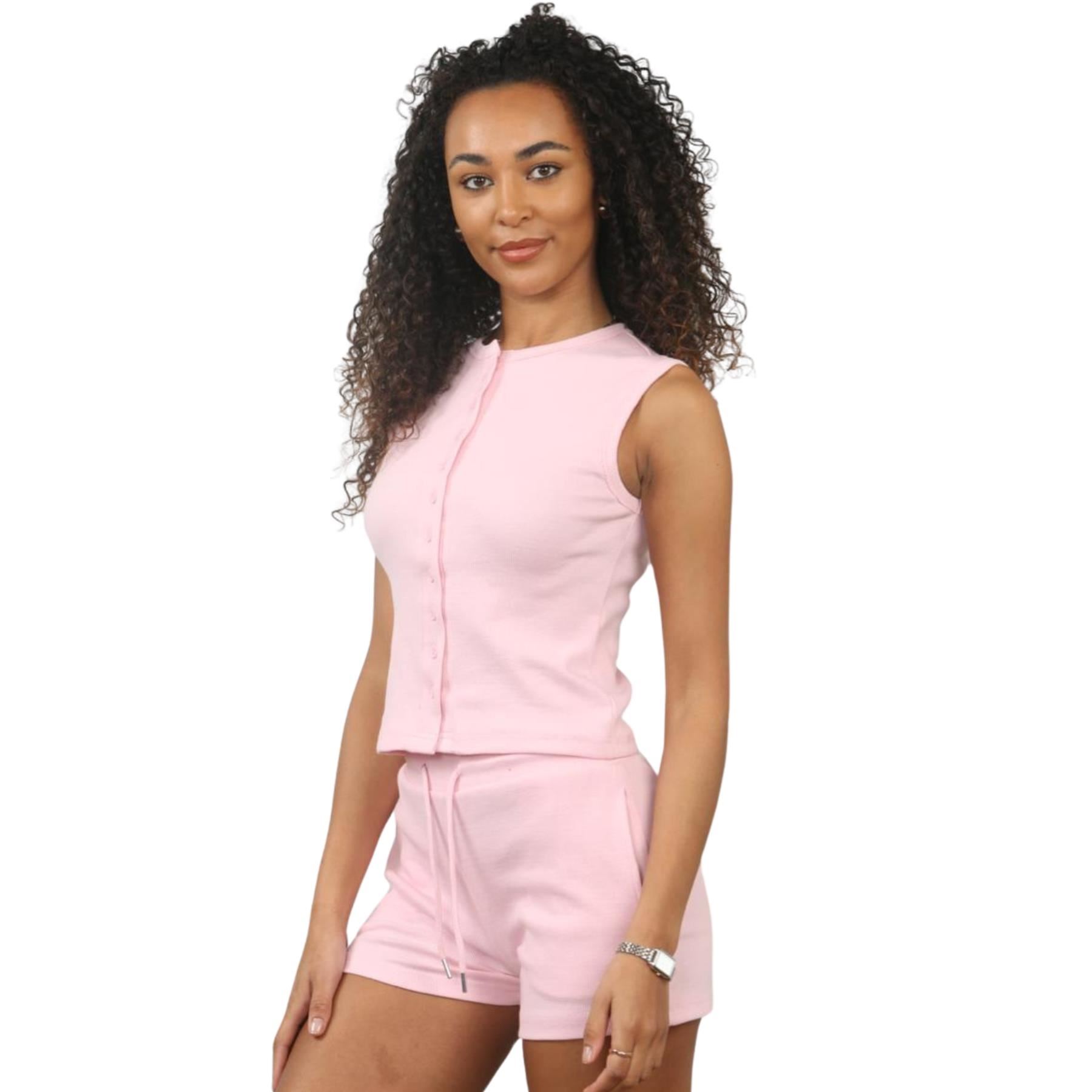 Damen Gerippt Ärmellos Knopfleiste Crop Top und Kordelzug Shorts Loungewear Set - Bild 34 von 49